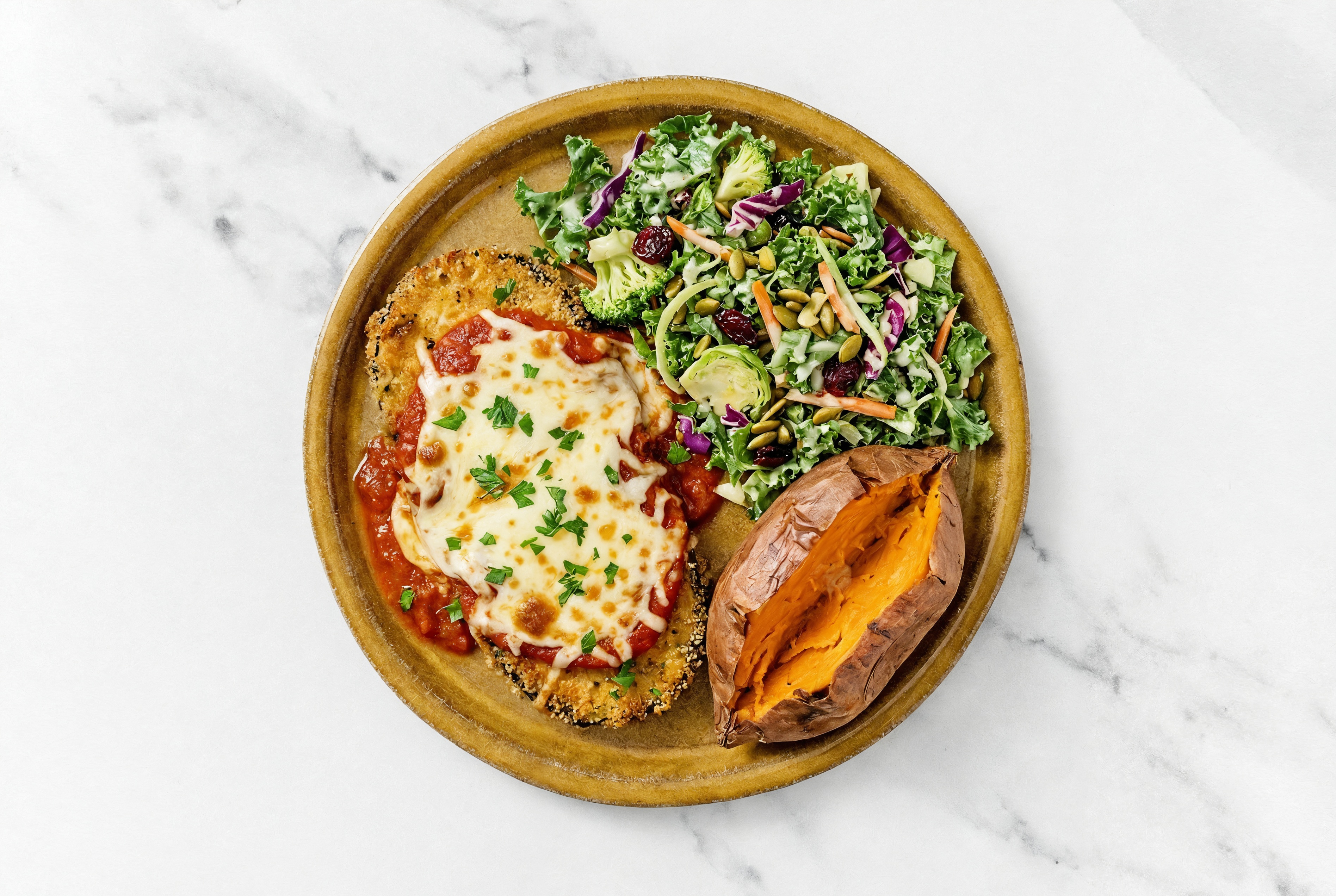 Eggplant Parmesan with Sweet Potato + Kale Salad
