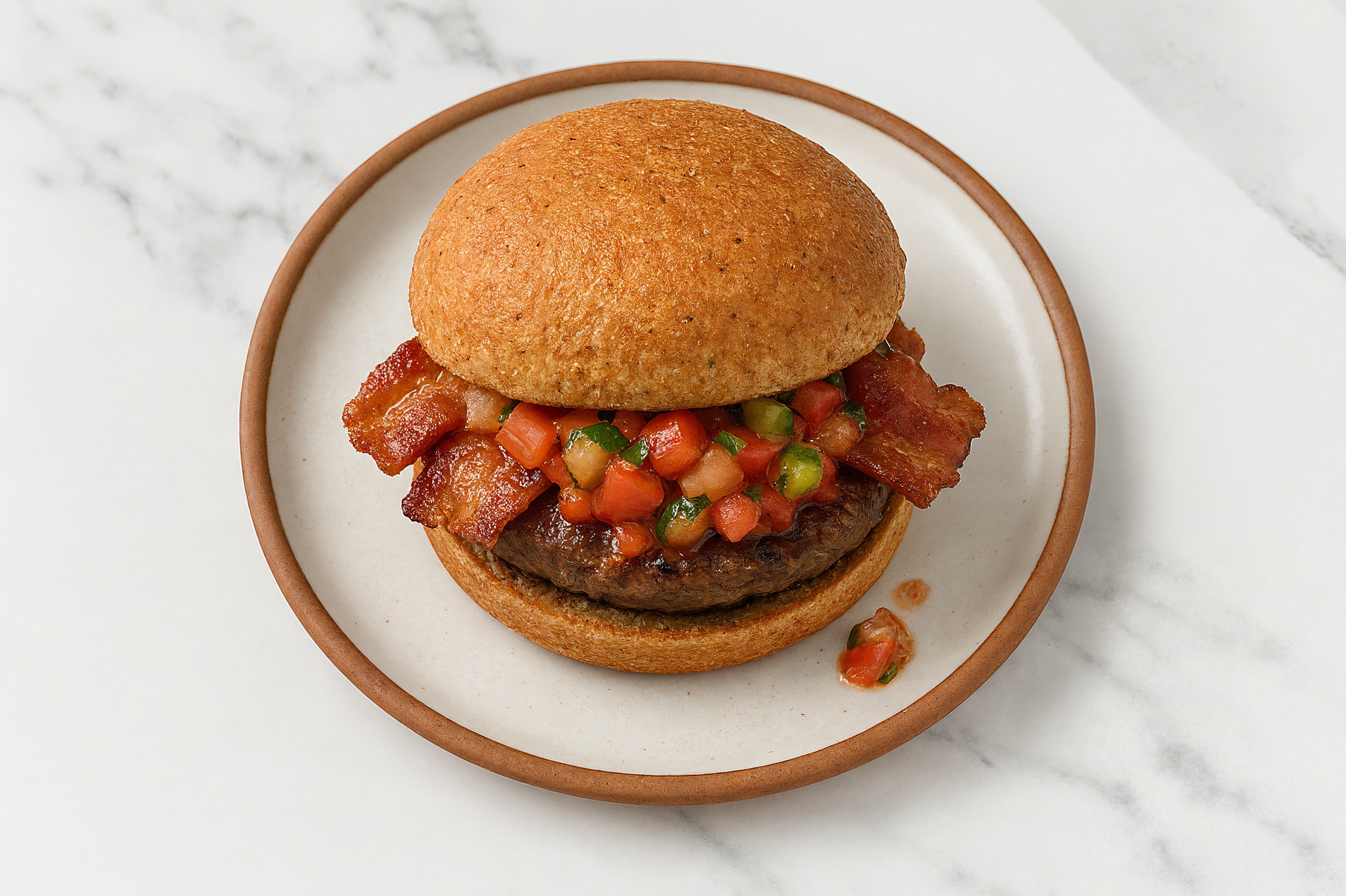 Bison Burger on Sprouted Grain with Salsa & Applewood Smoked Pork Bacon