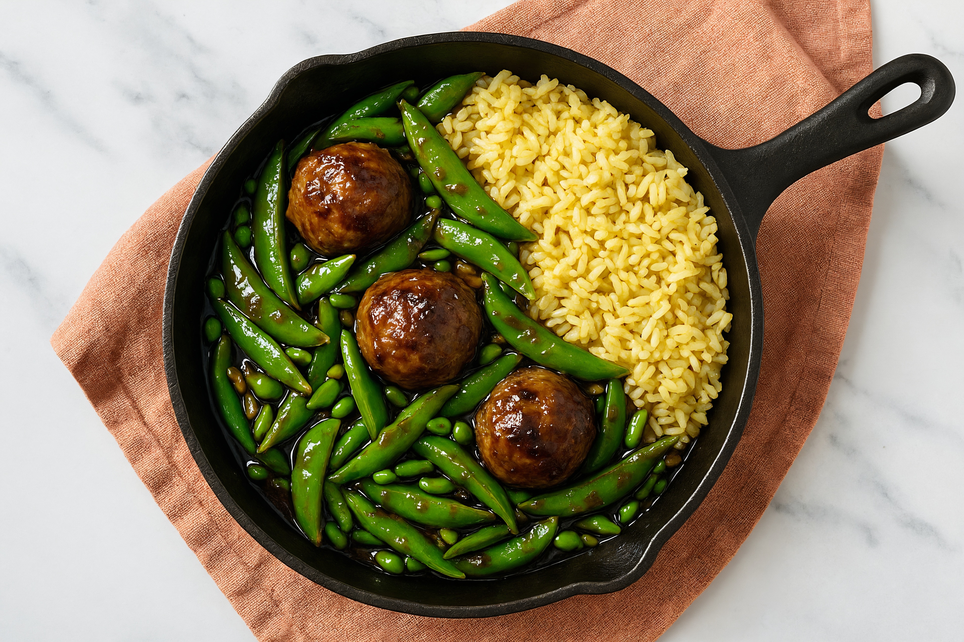 Japanese BBQ Meatball Stir-Fry with Snap Peas over Jasmine Rice