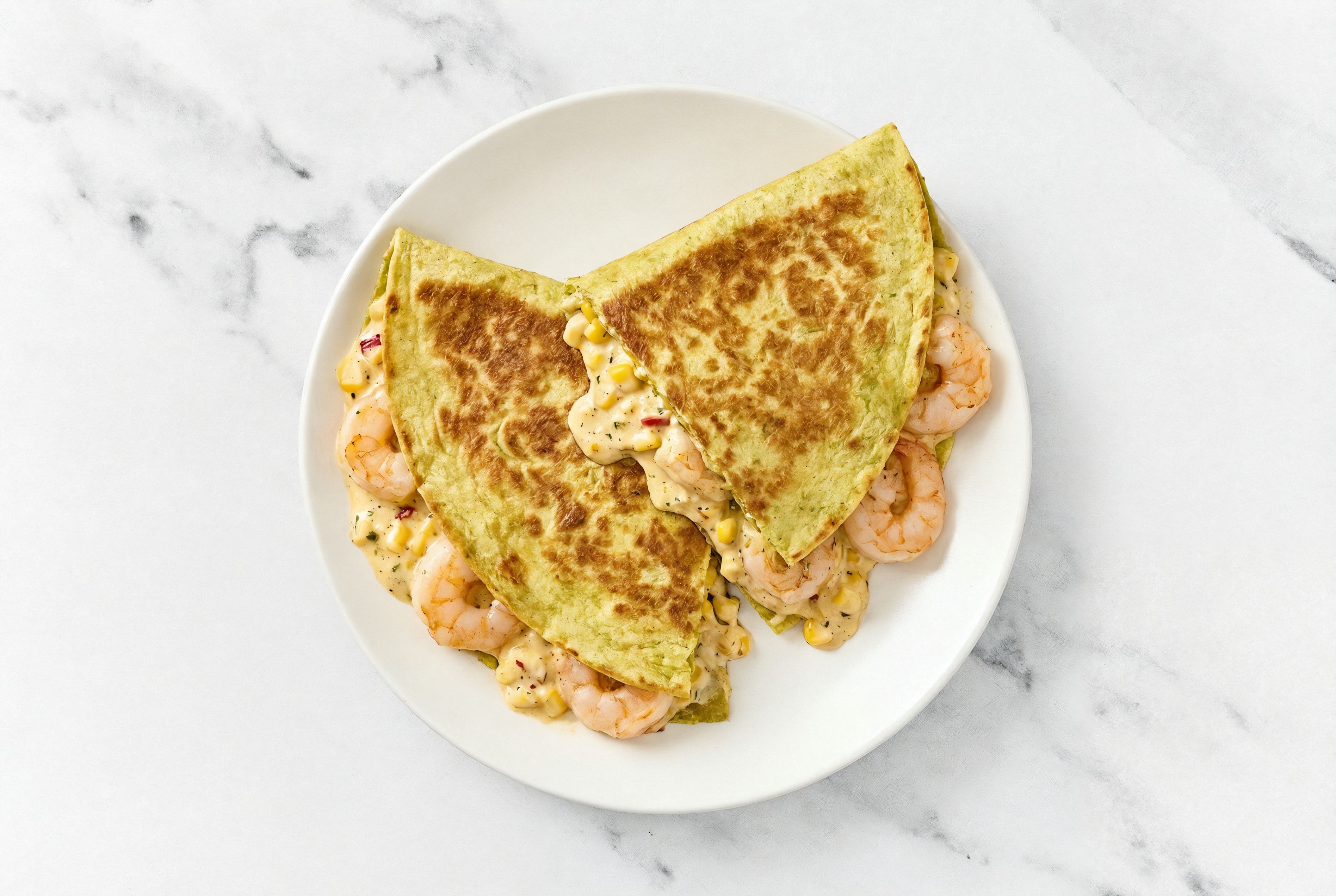 Mexican Street Corn + Shrimp Quesadilla with Spinach Tortilla
