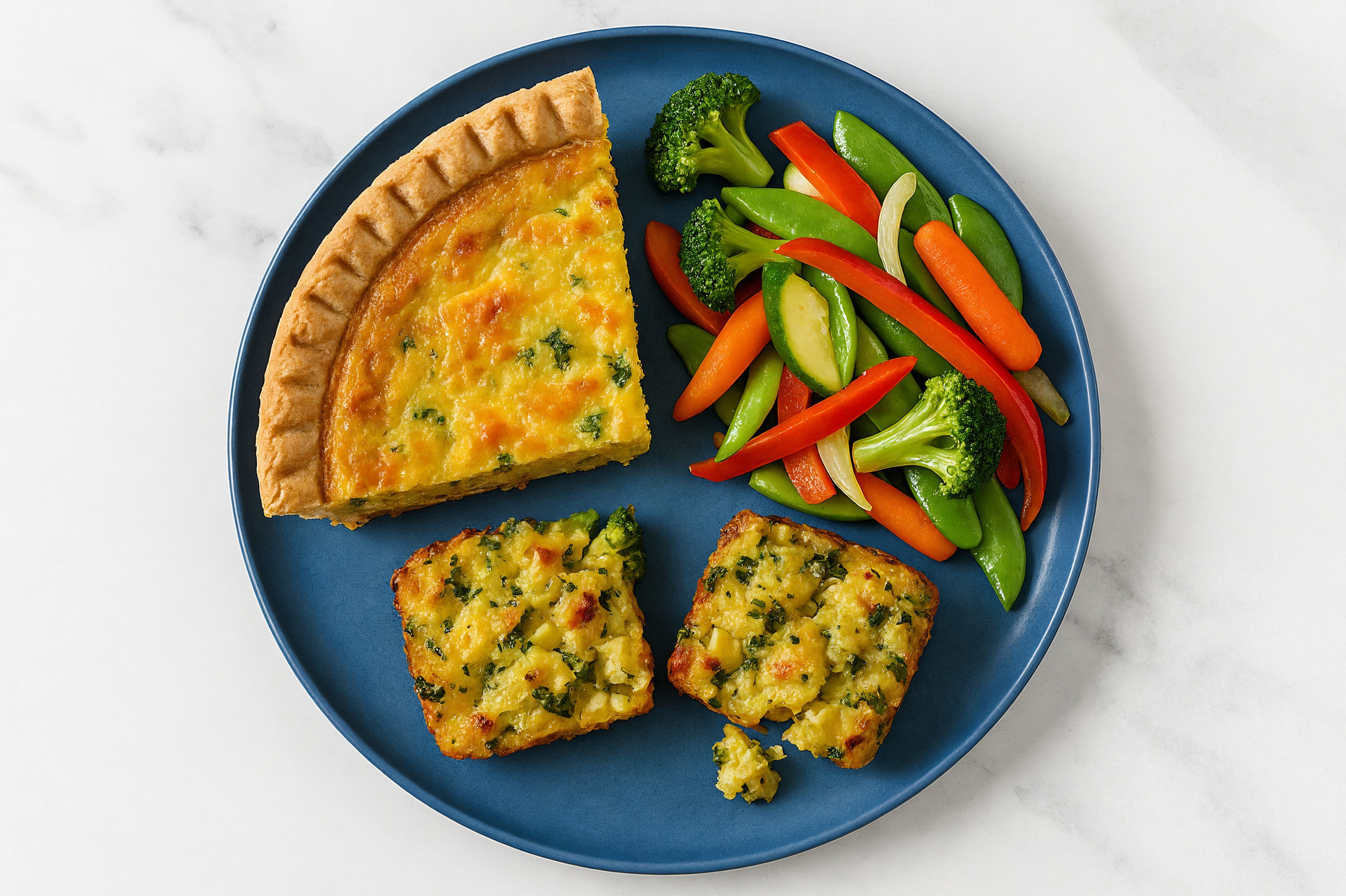 Broccoli & Cheddar Quiche with Veggies & Potato Bake