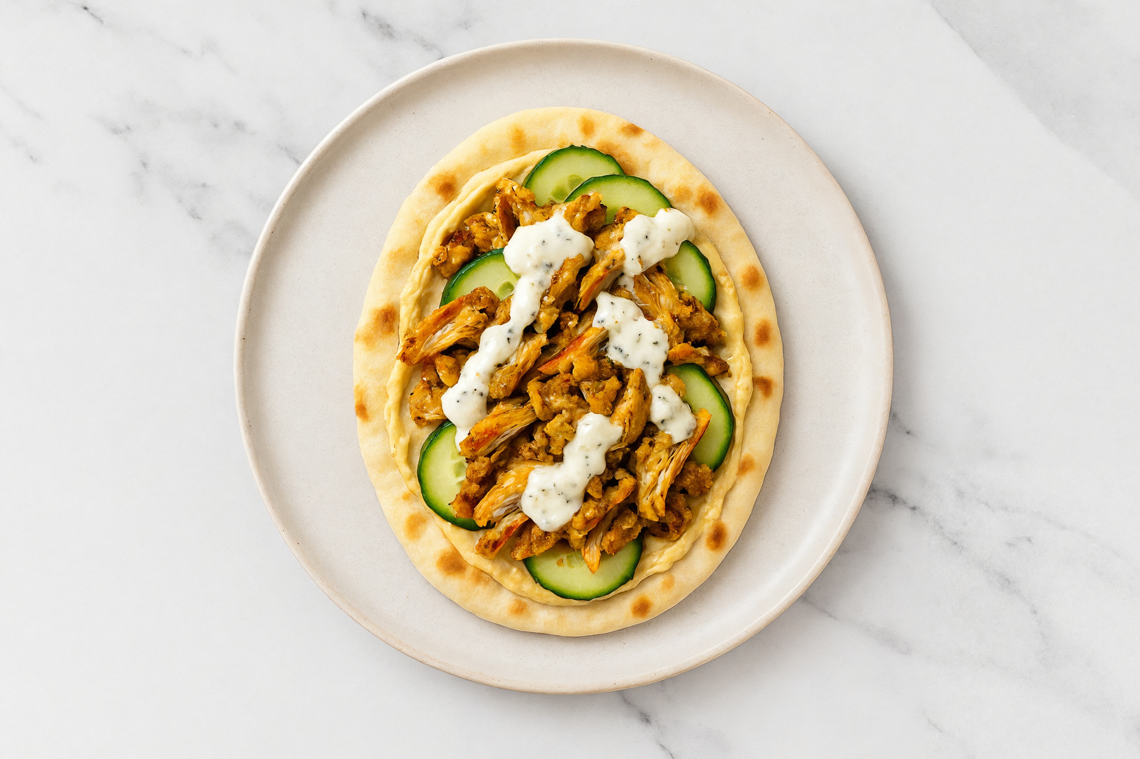 Air Fryer Chicken Shawarma Naan Flatbread with Olive Oil Sea Salt Hummus