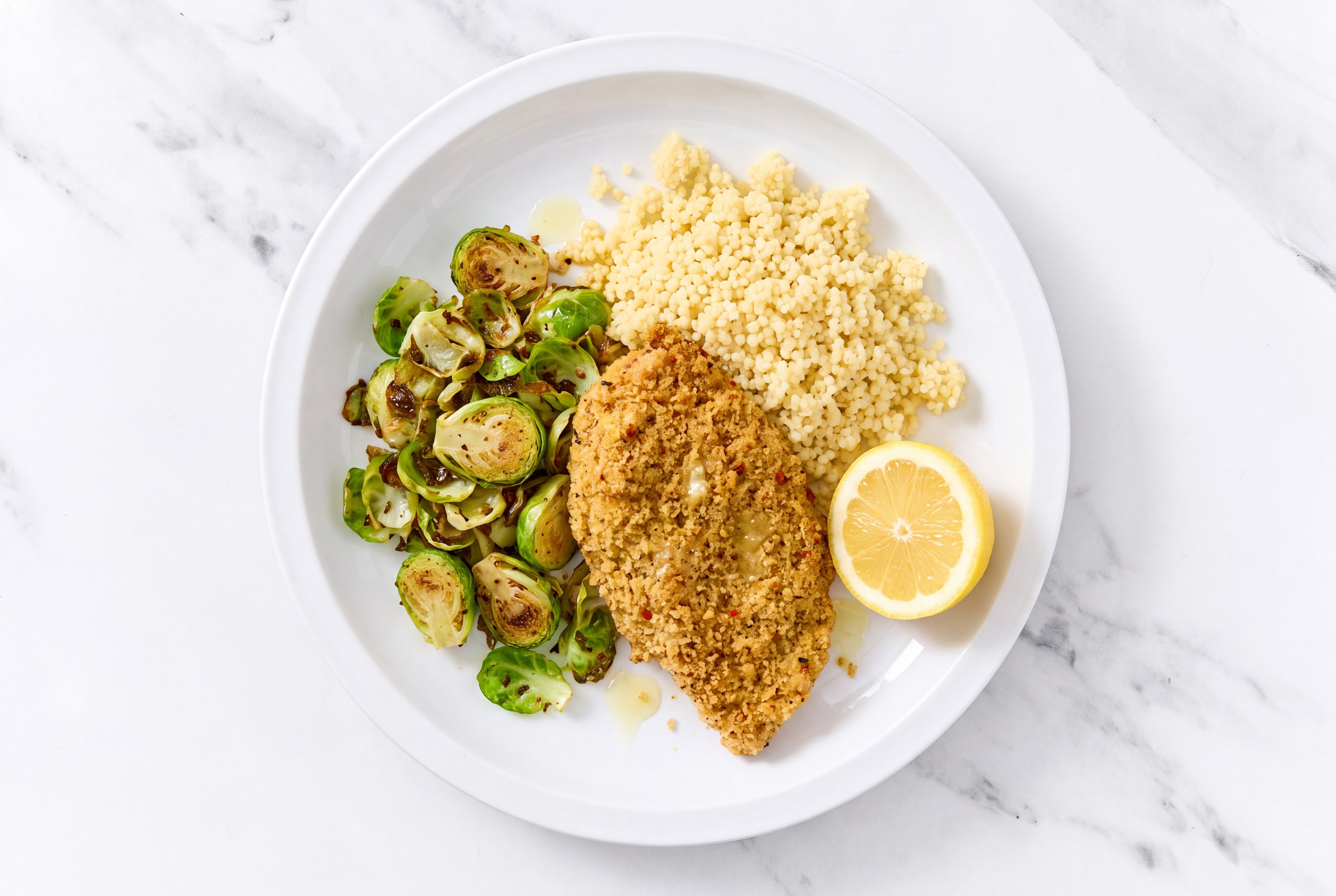 Lemon Parmesan Breaded Chicken Cutlet with Brussels Sprouts & Couscous