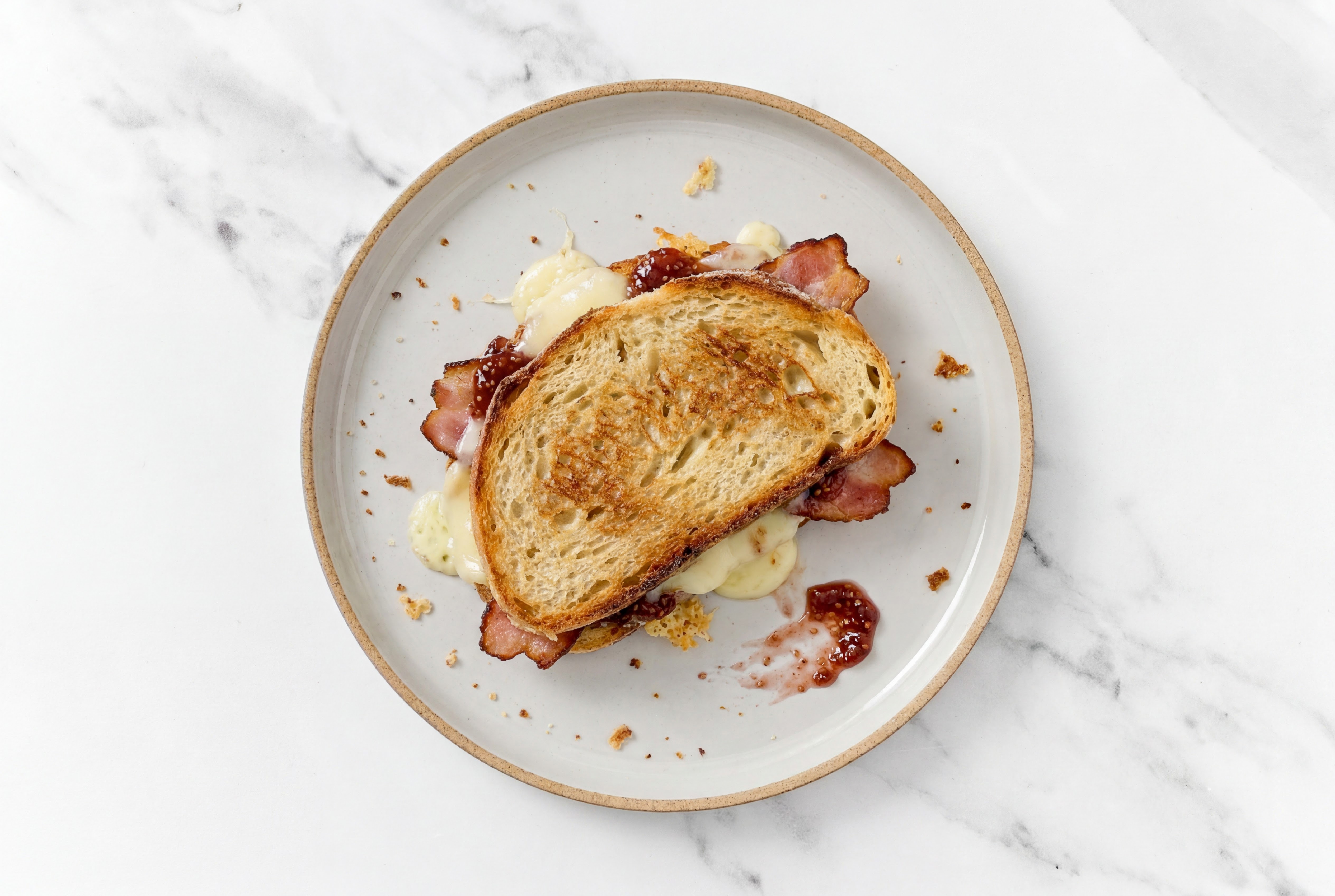Turkey Bacon, Brie + Strawberry Jam Sourdough Grilled Cheese