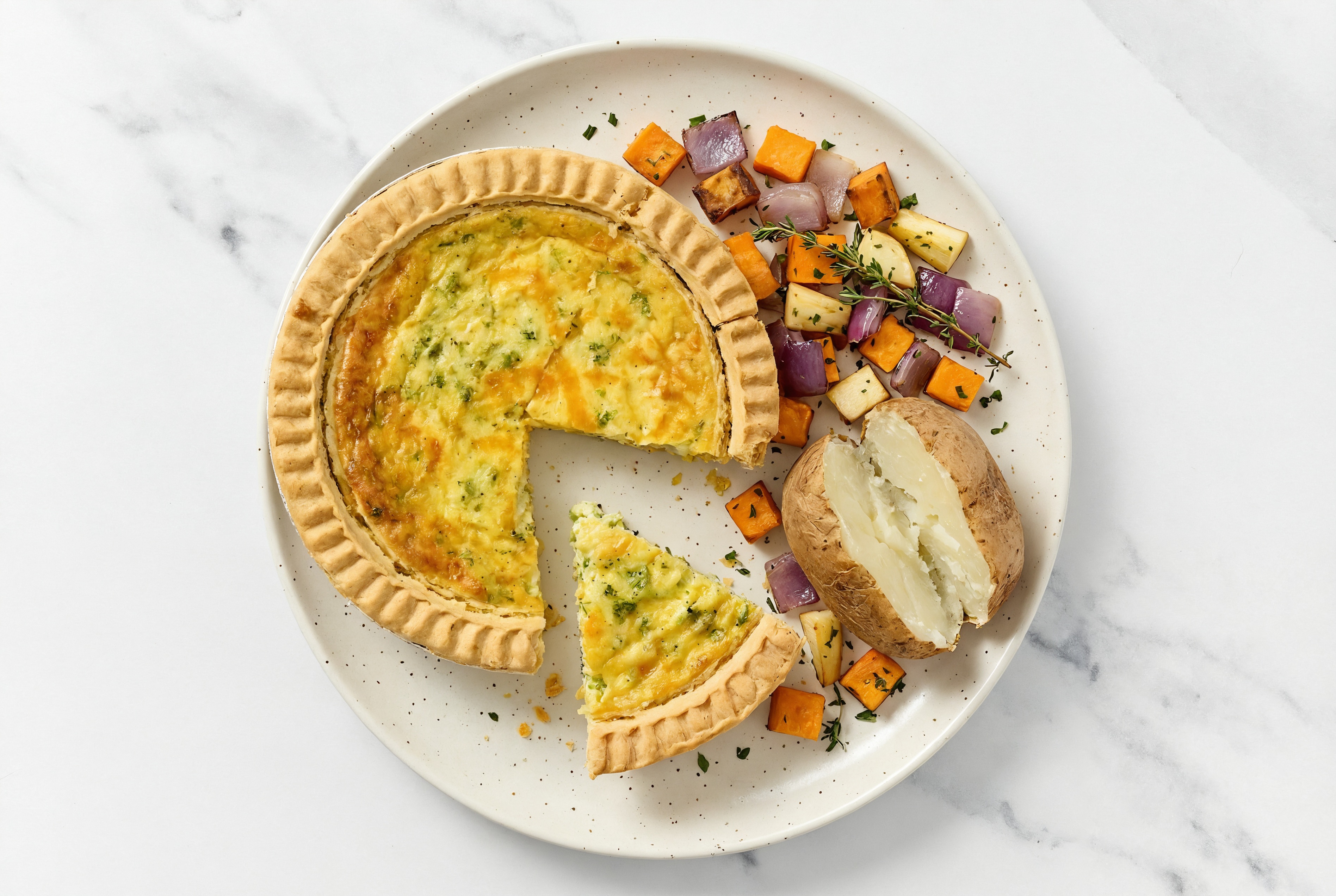 Broccoli & Cheddar Quiche with Roasting Veggies & Russet Potato