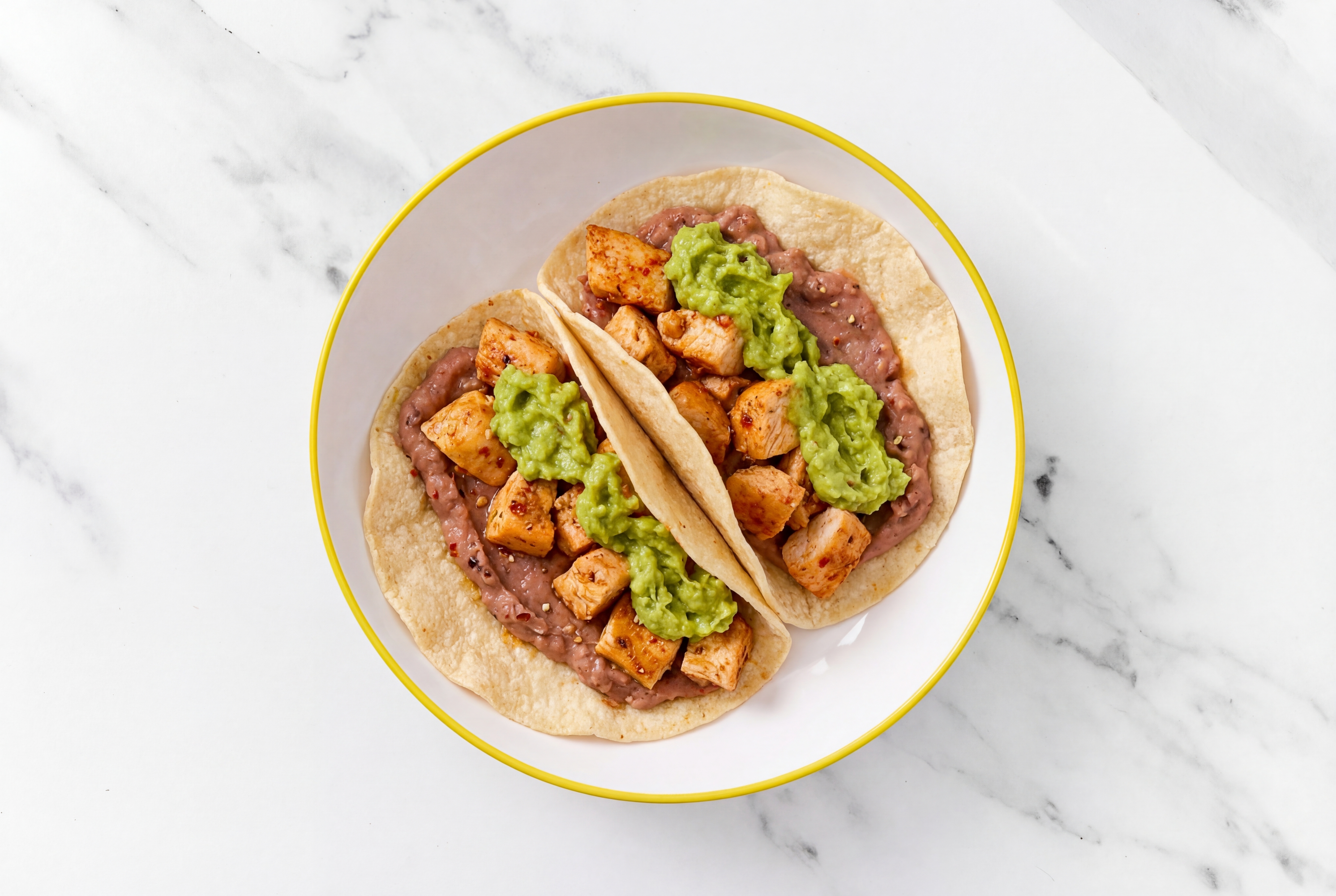 Chipotle Chicken Tacos with Guacamole & Refried Red Beans