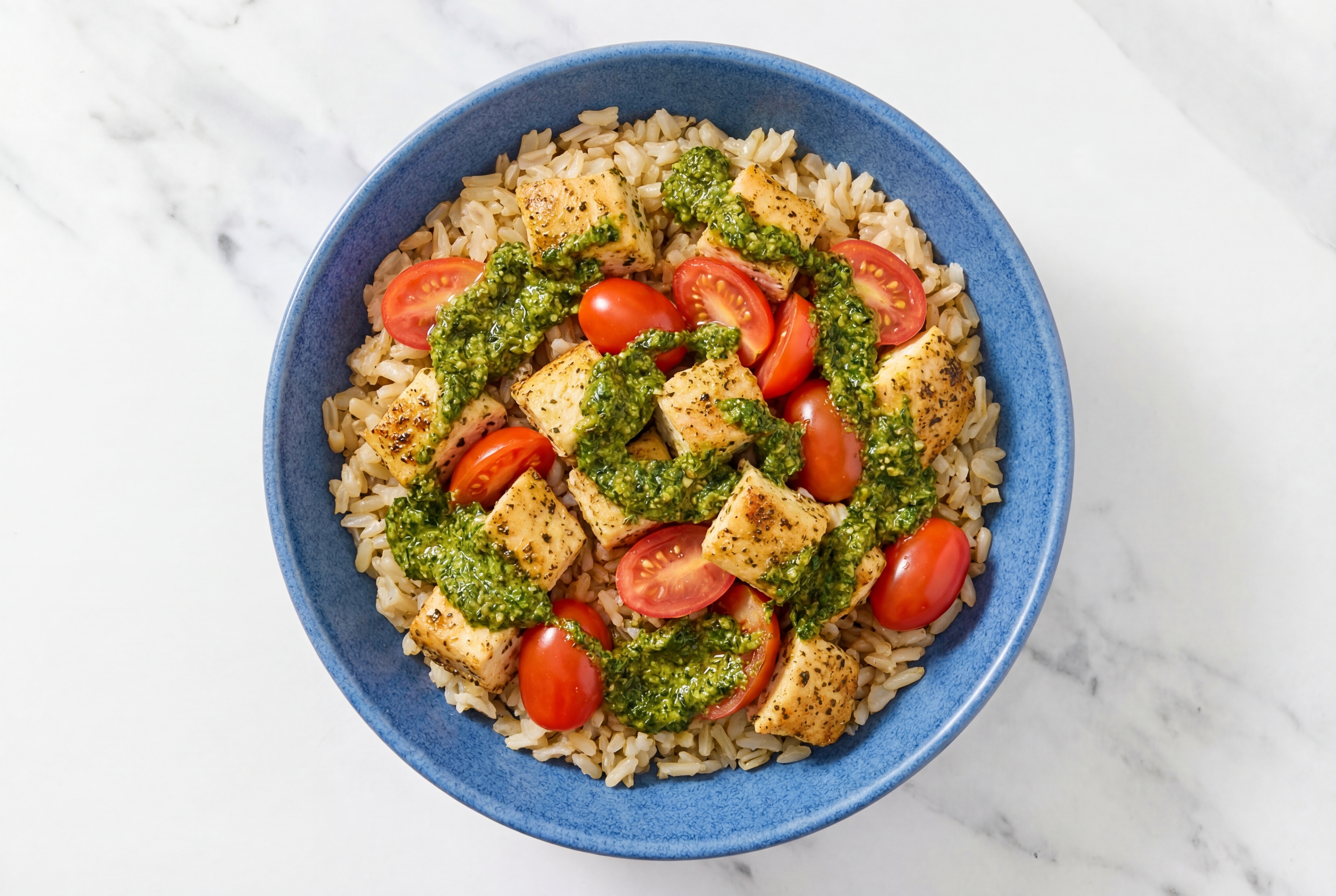 Chicken & Tomato Grain Bowl with Kale Spinach Pesto