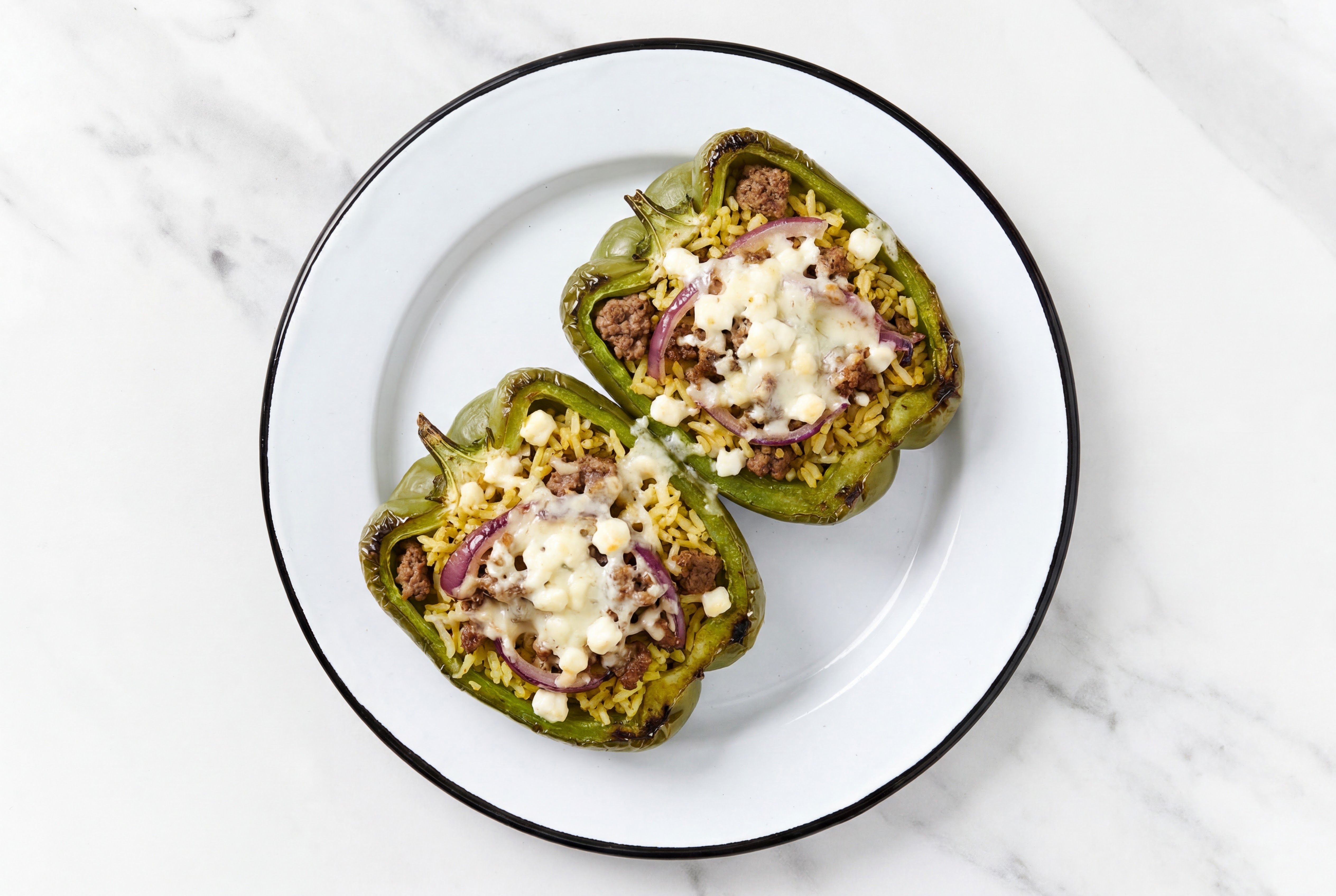 Ground Lamb + Goat Cheese Stuffed Peppers with Seasoned Jasmine Rice