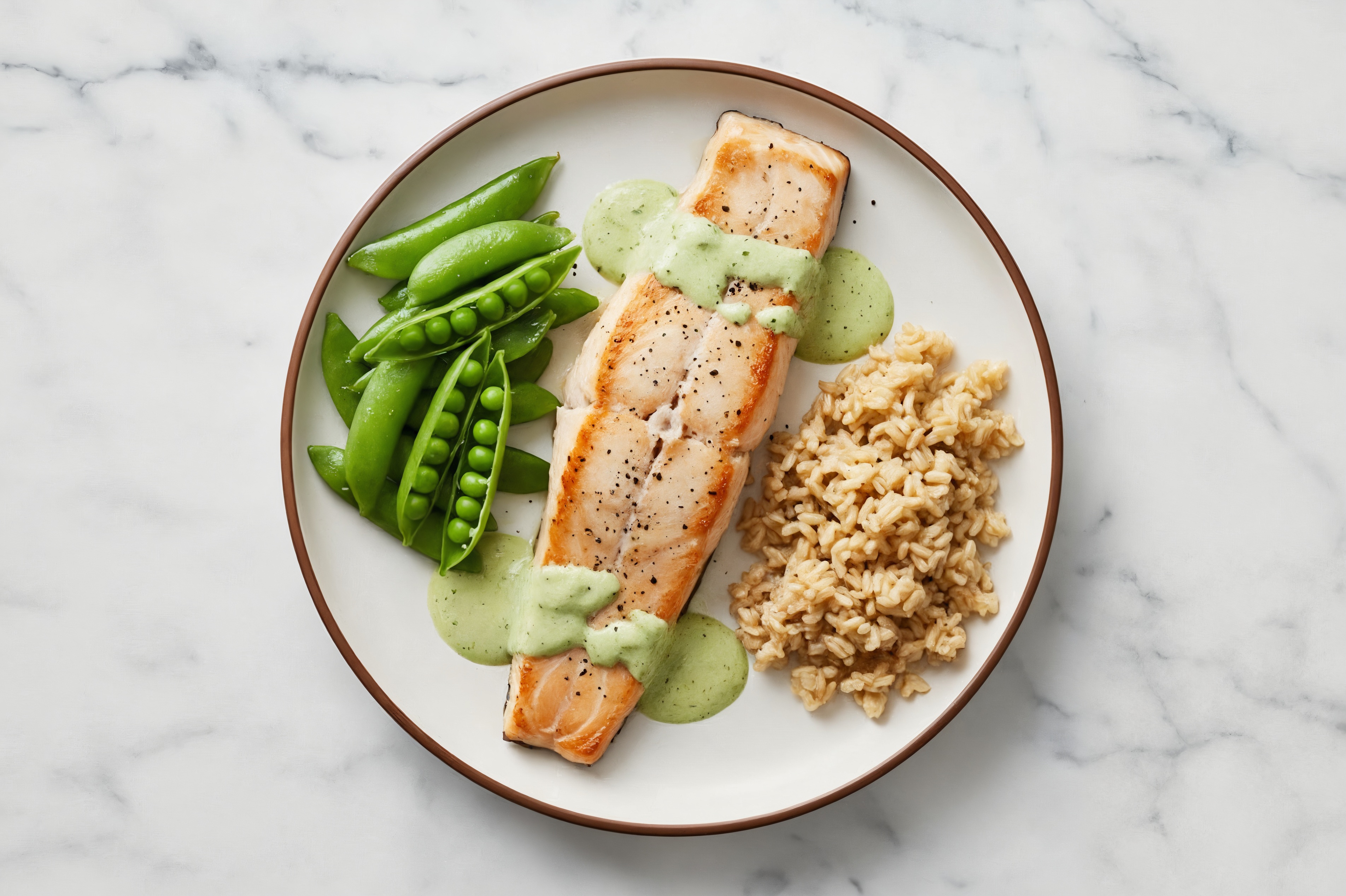 Green Goddess Trout with Brown Rice + Snap Peas