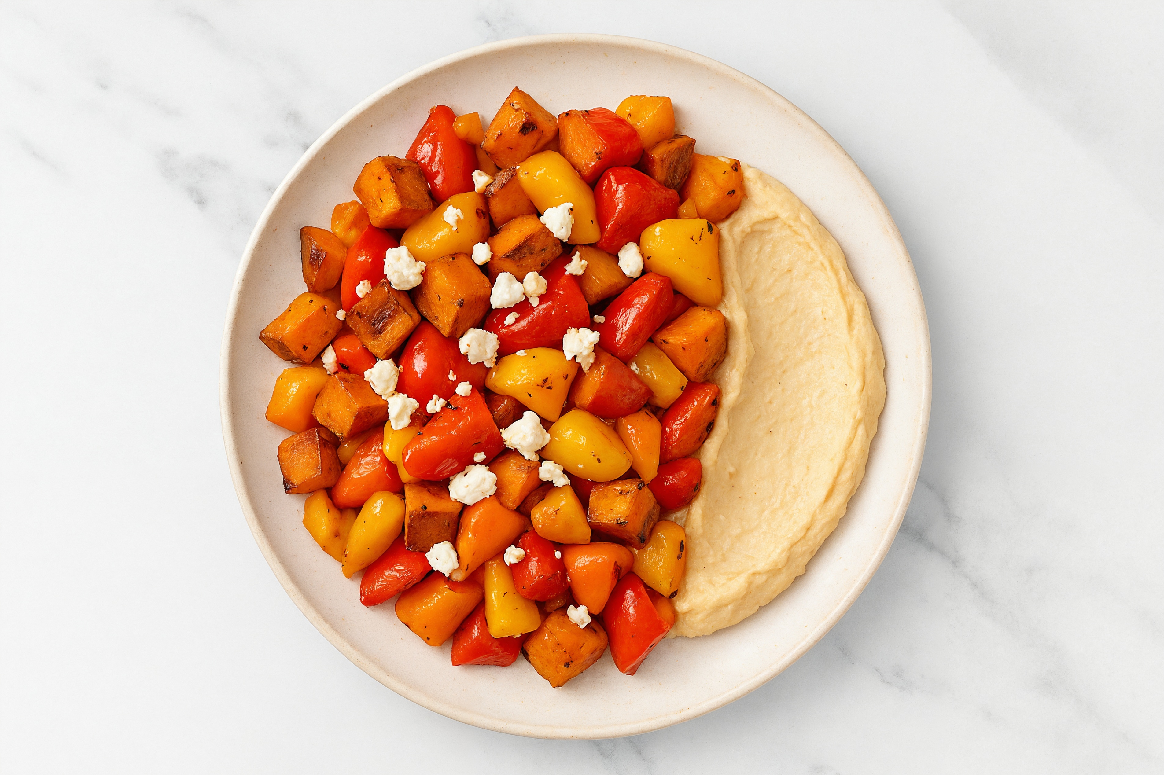 Crumbled Chevre Sweet Pepper Sweet Potato Bowl over Lemon Garlic Hummus