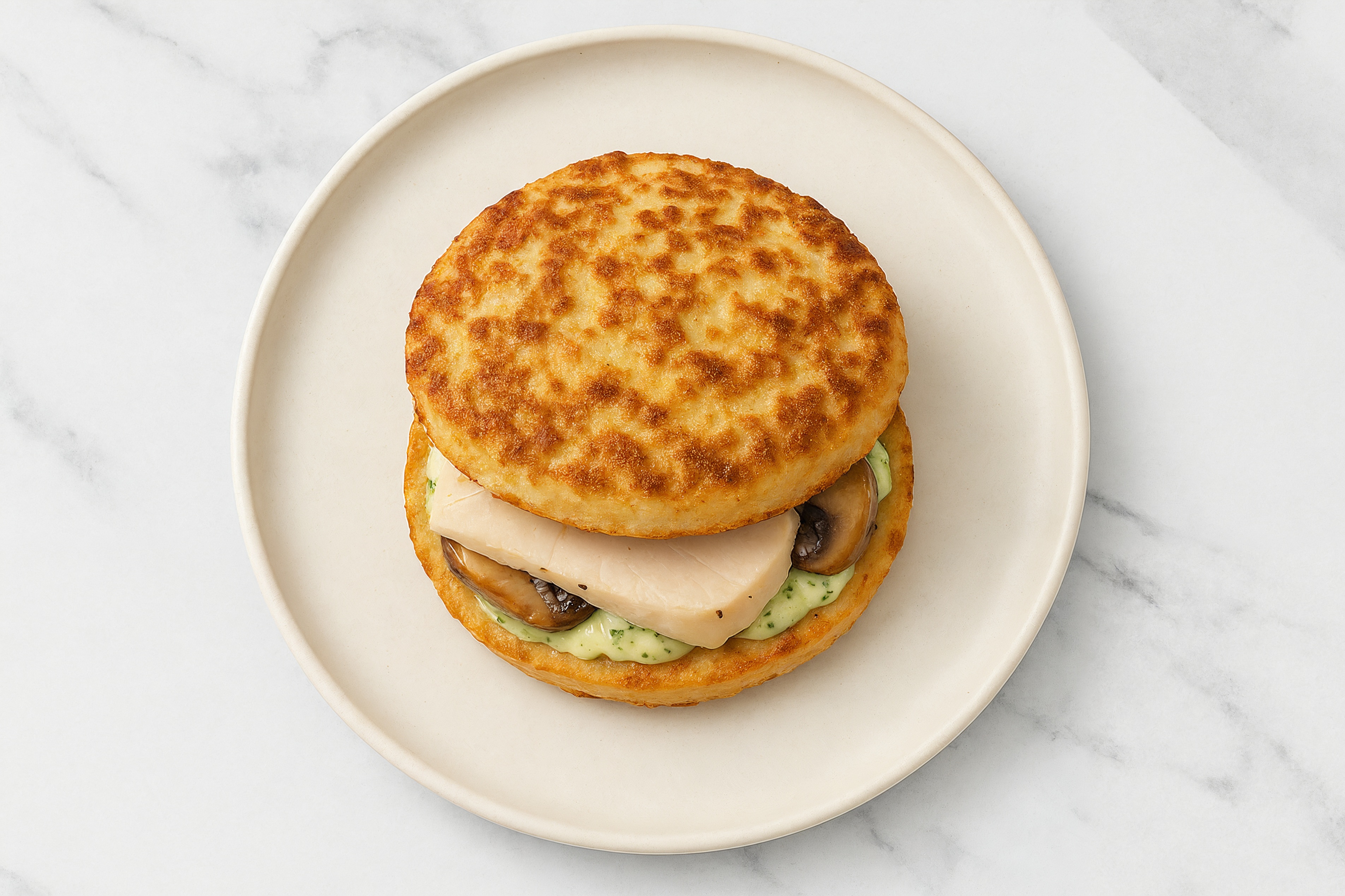 Dill Pickle Roasted Chicken Sandwich with Portabellas on Cauliflower Rounds
