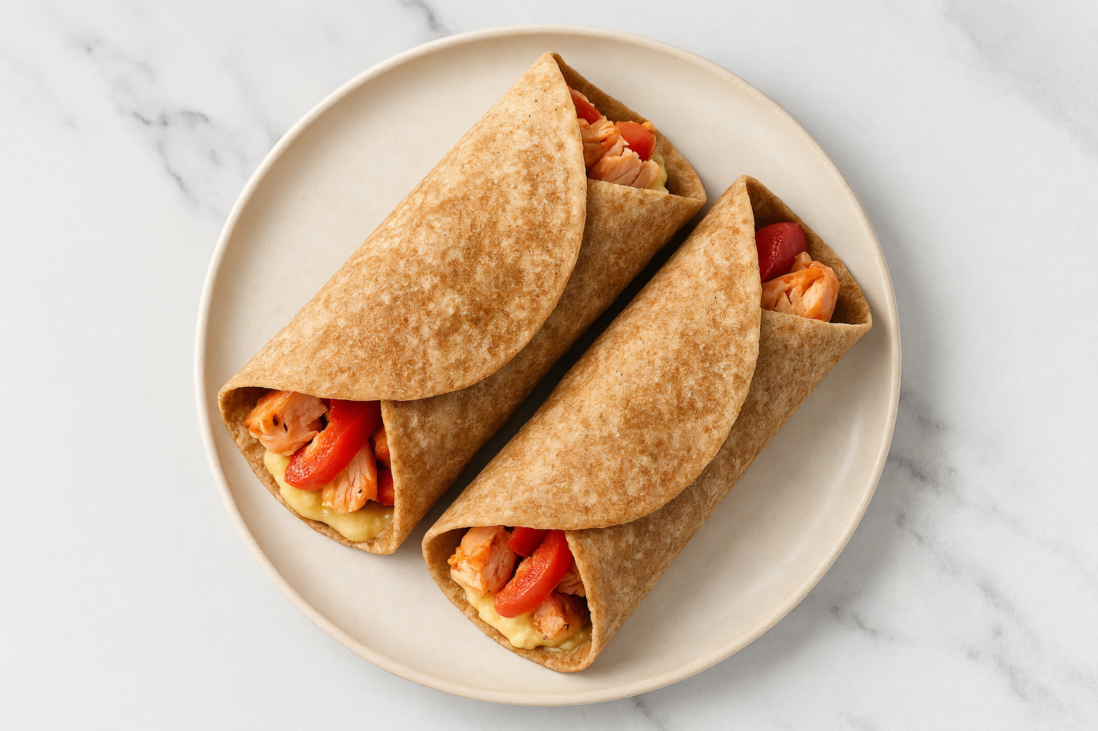  Grilled Salmon + Garlic Hummus Wrap with Red Bell Pepper