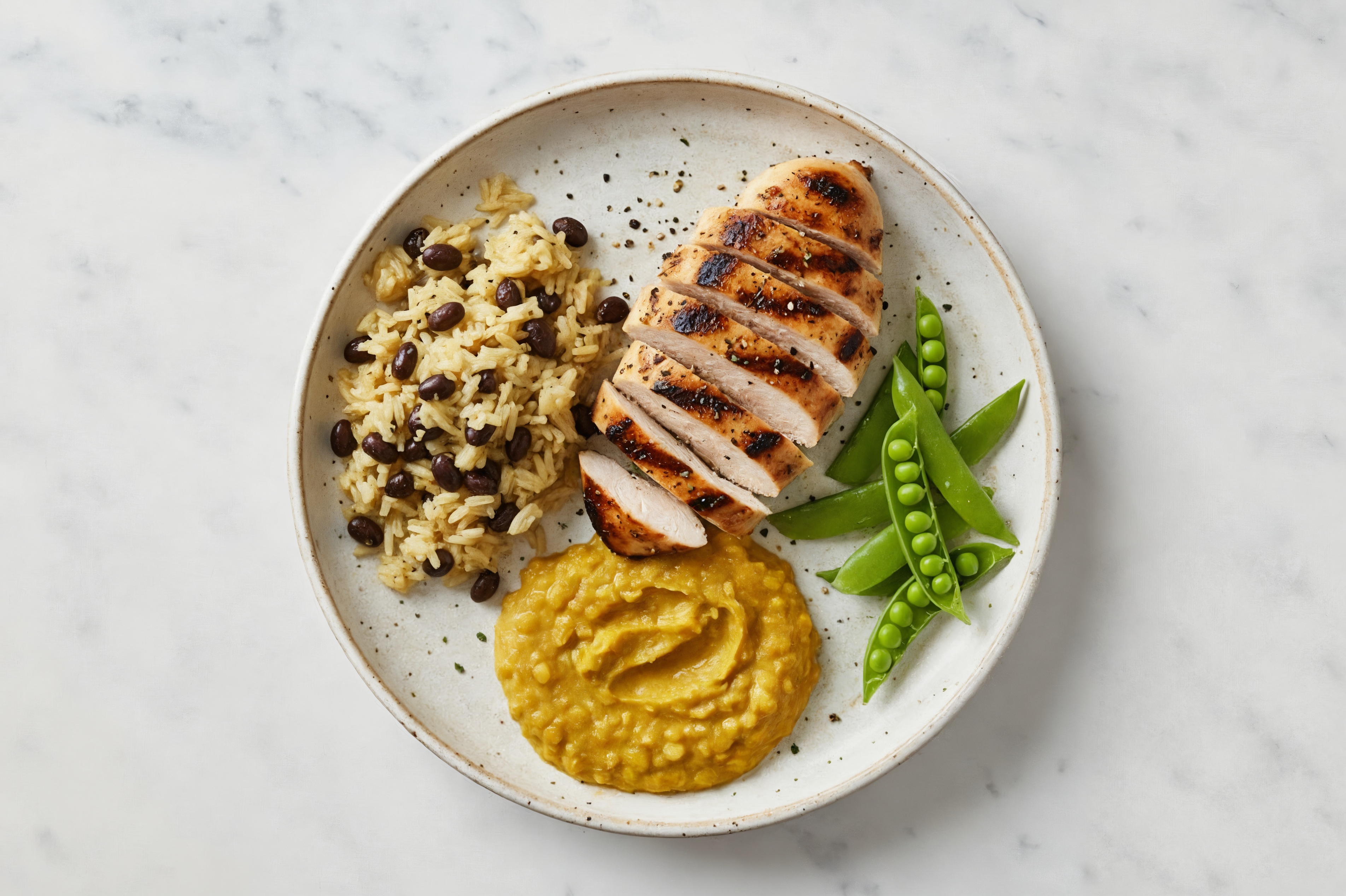 Simple Chicken + Red Lentil Dal Grain Bowl with Seasoned White Rice + Black Beans