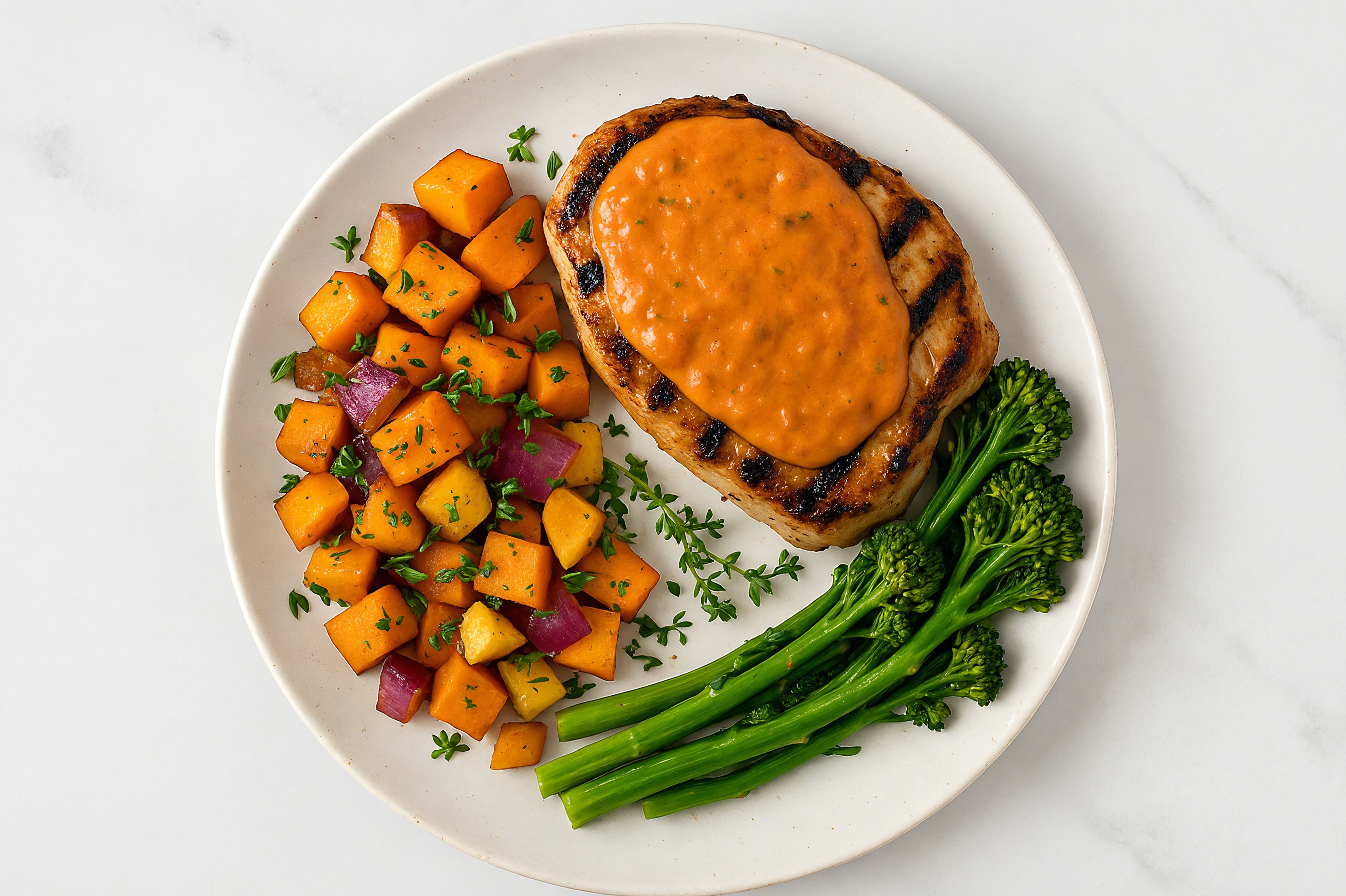 Creamy Vodka Smothered Pork Chops with Baby Broccoli & Roasted Vegetables