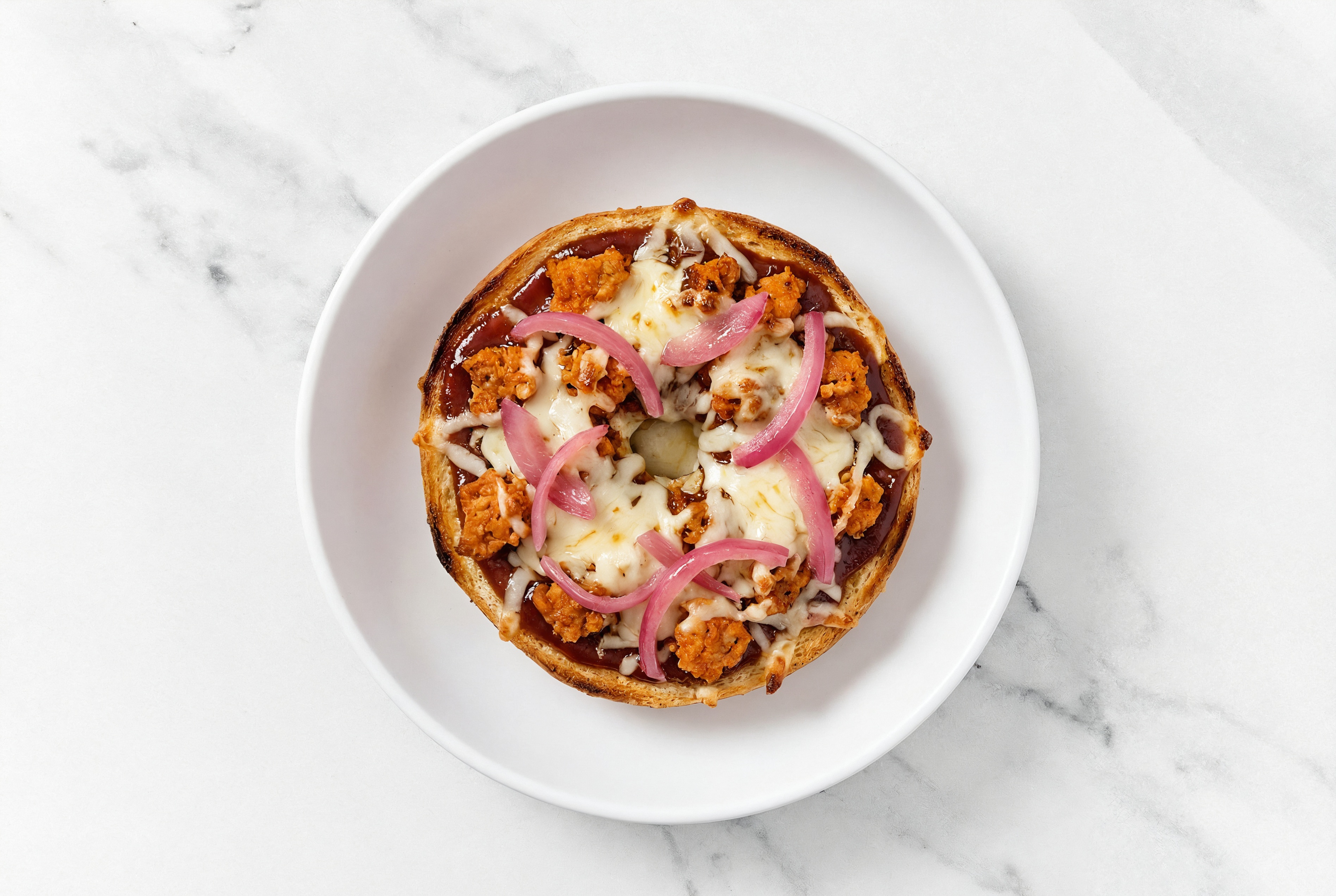  BBQ Turkey Sausage Pizza Gluten-Free Plain Bagels with Pickled Onion