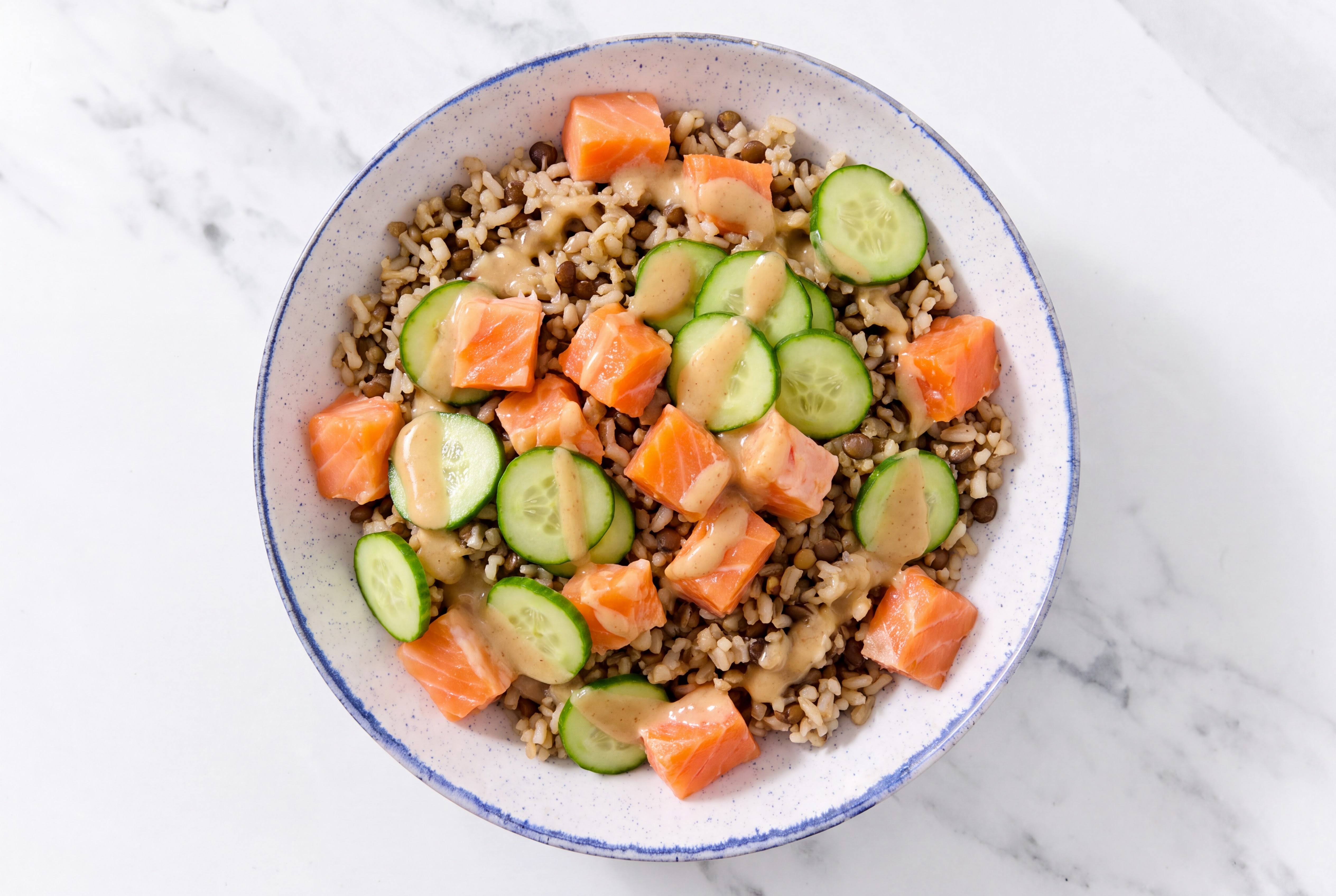 Gingery Ponzu Poké Salmon + Crisp Cucumber Bowl with Lentil Quinoa Rice Mix