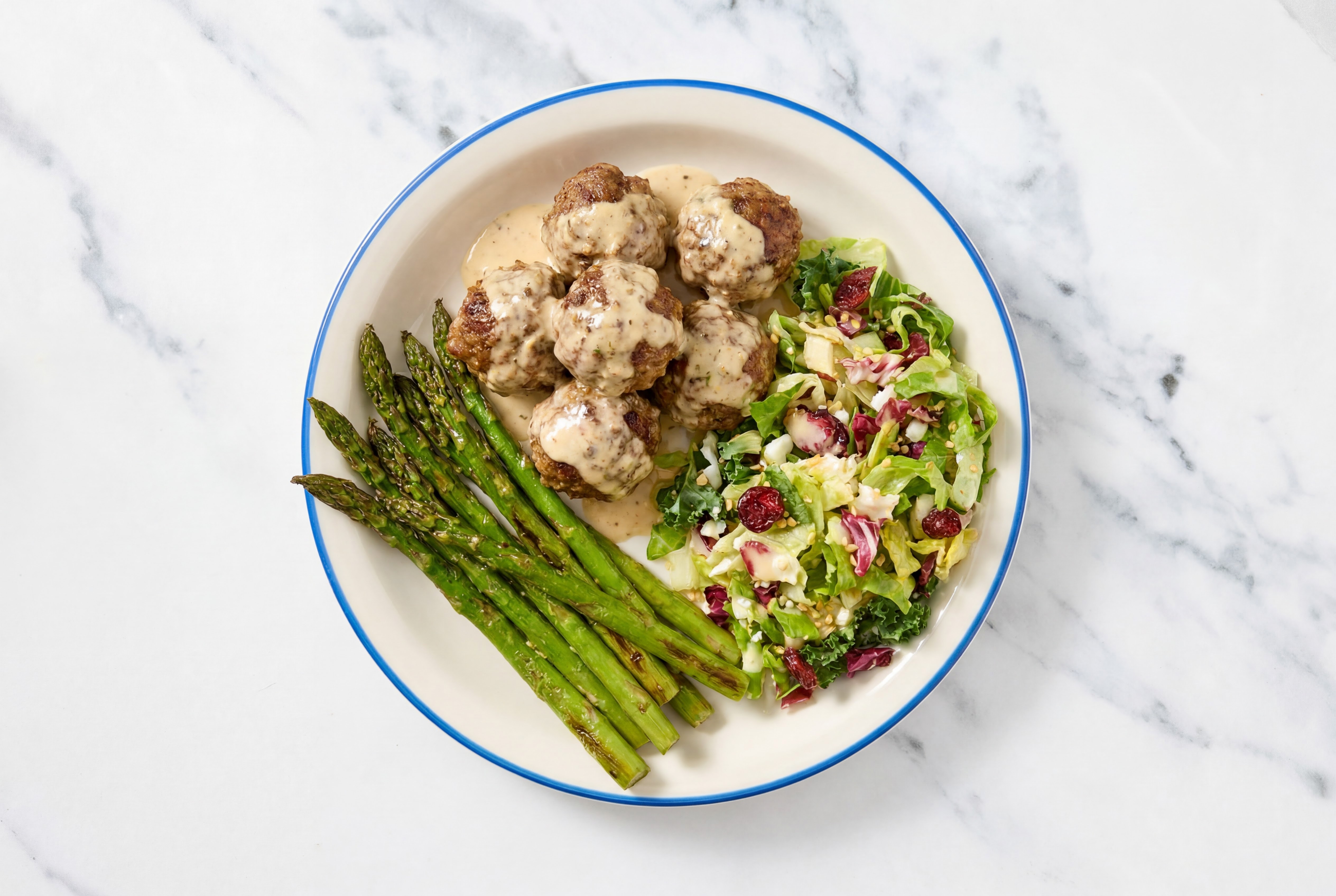 Horseradish Baked Italian-Style Ground Beef Meatballs & Asparagus with Honey Citrus Salad