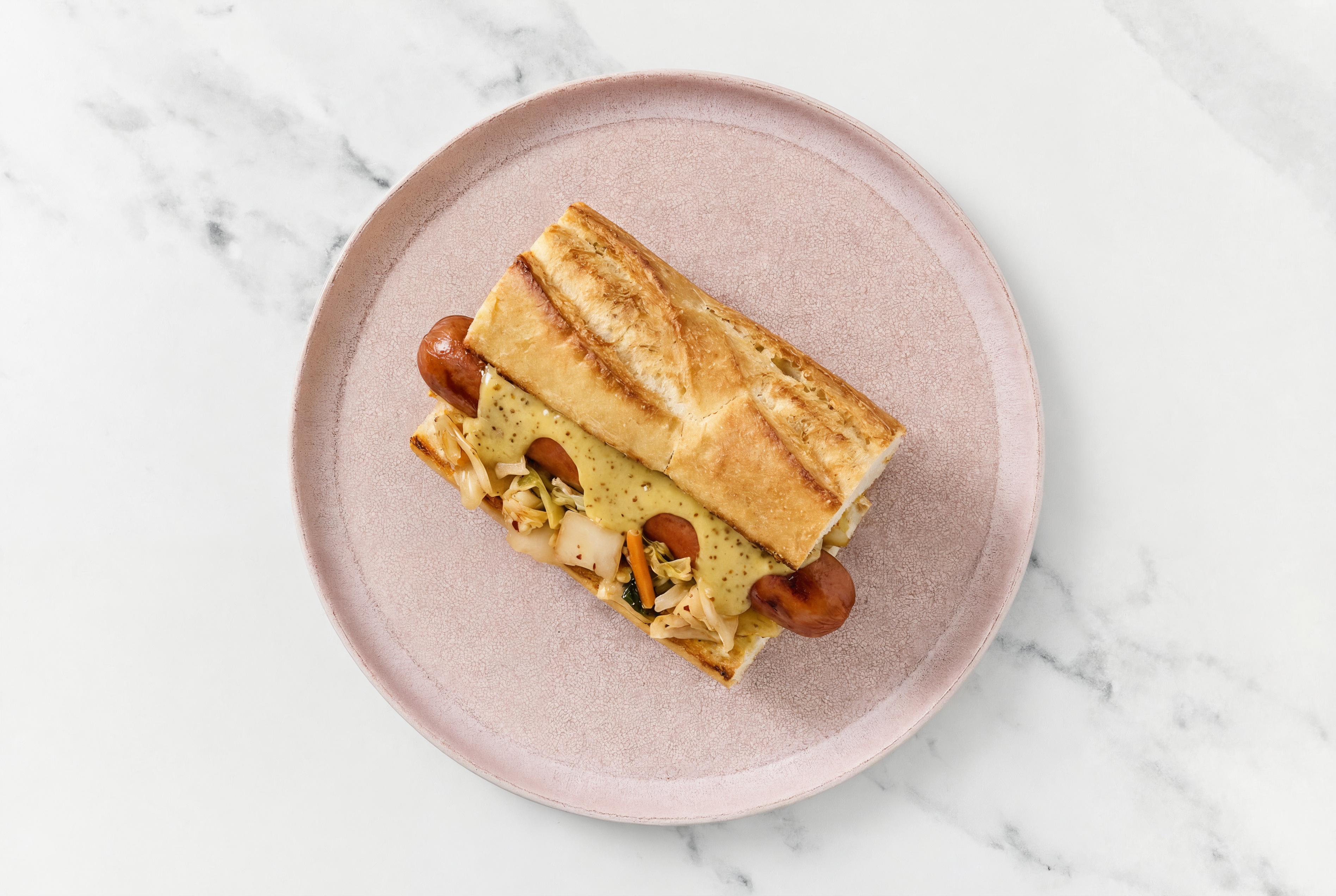 Kimchi Beef Hot Dog with Honey Mustard on Baguette