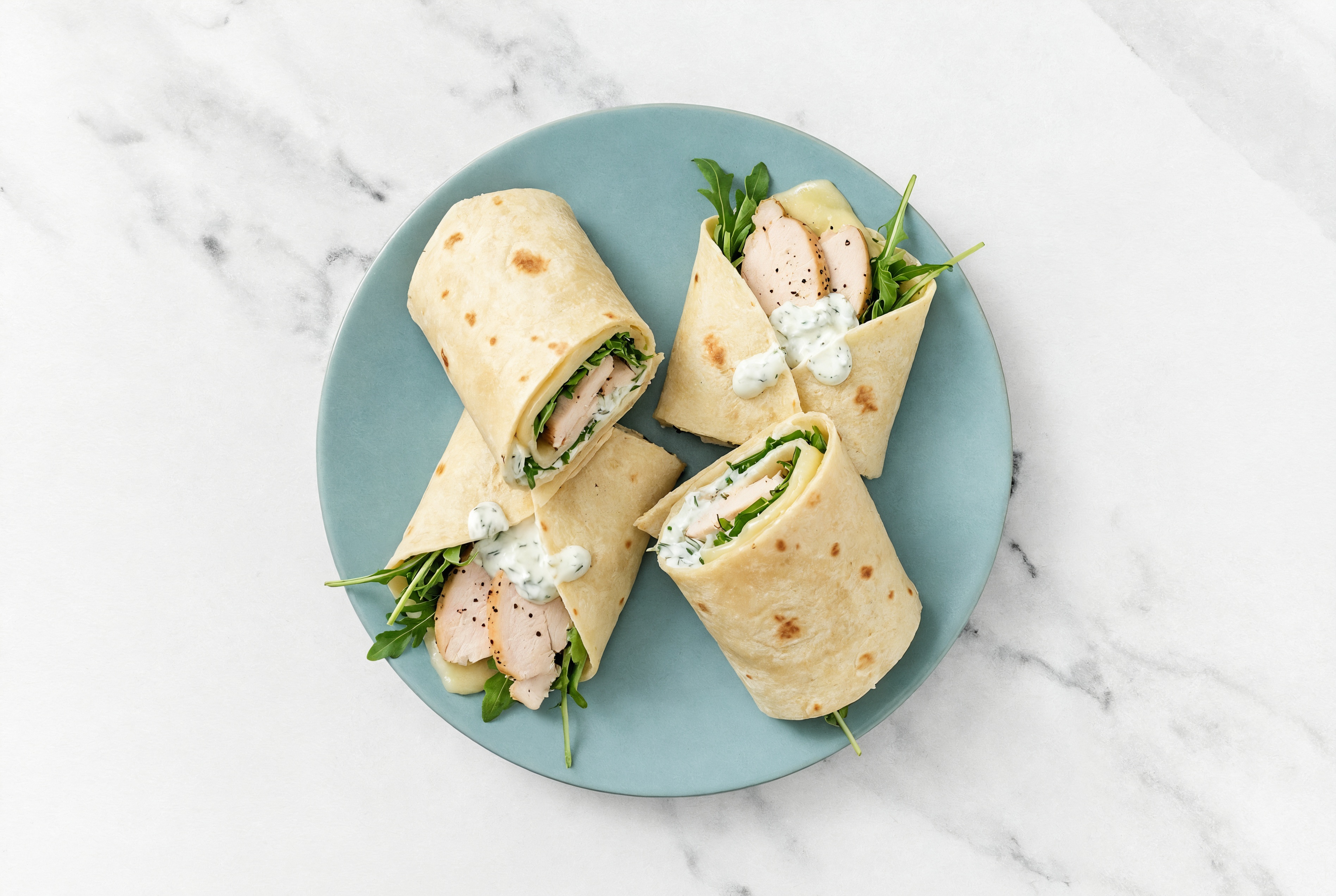 Tzatziki Roasted Chicken + Havarti Tortilla Wraps with Arugula