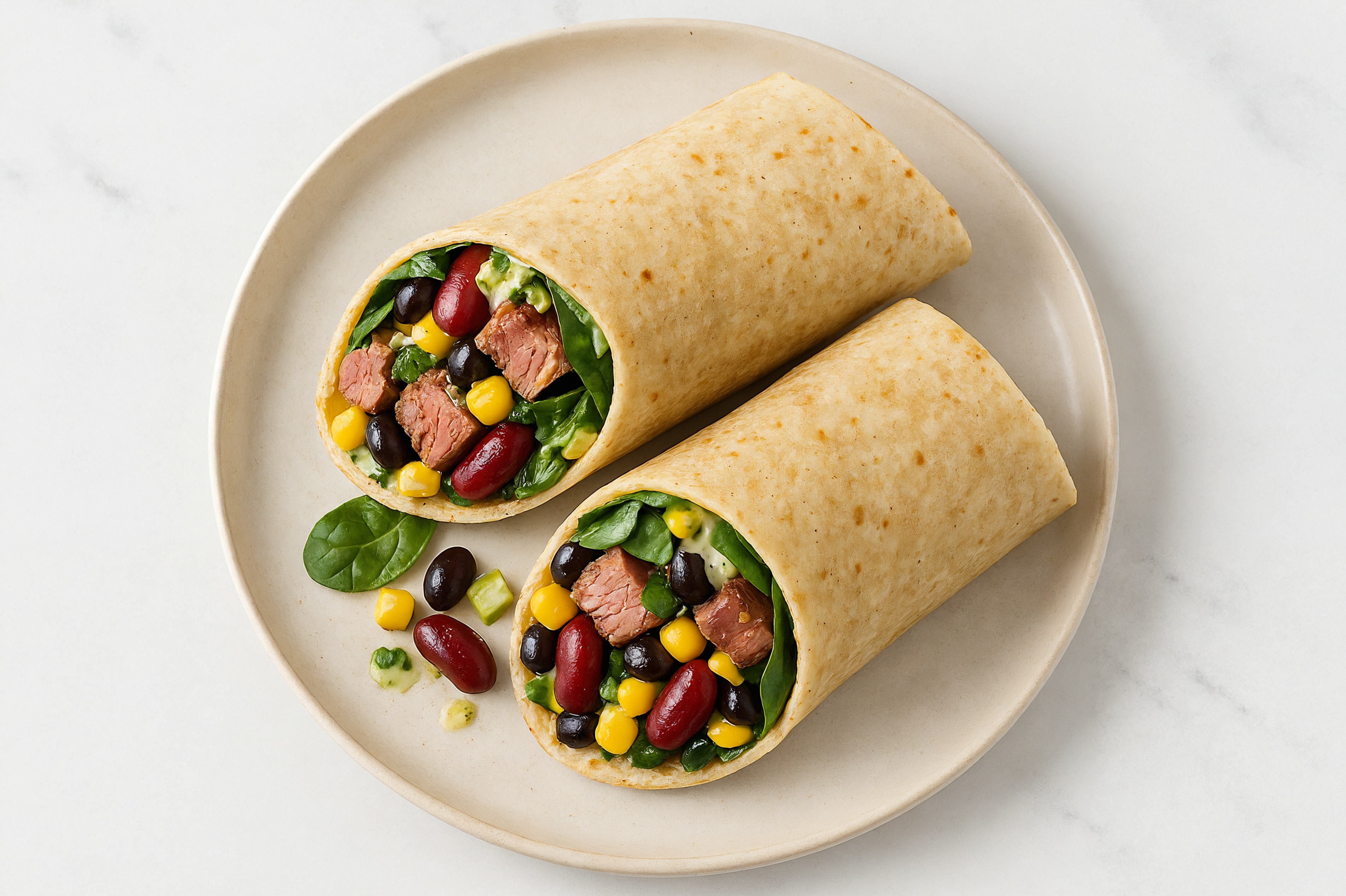 Herby Sliced Steak + Cucumber Tortilla Wraps with Spinach