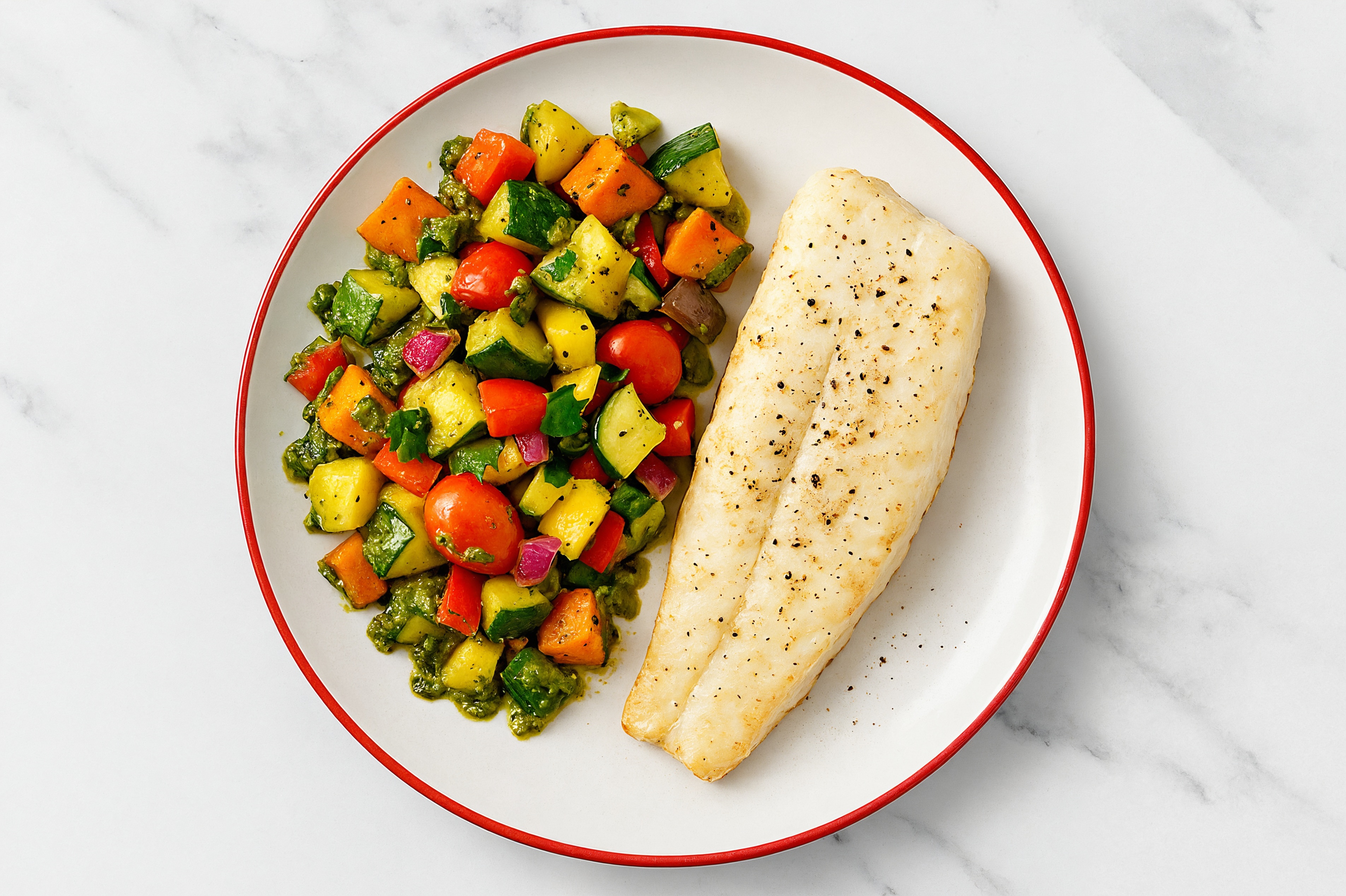 Sheet Pan Pesto-Cod with Sweet Potatoes & Squash