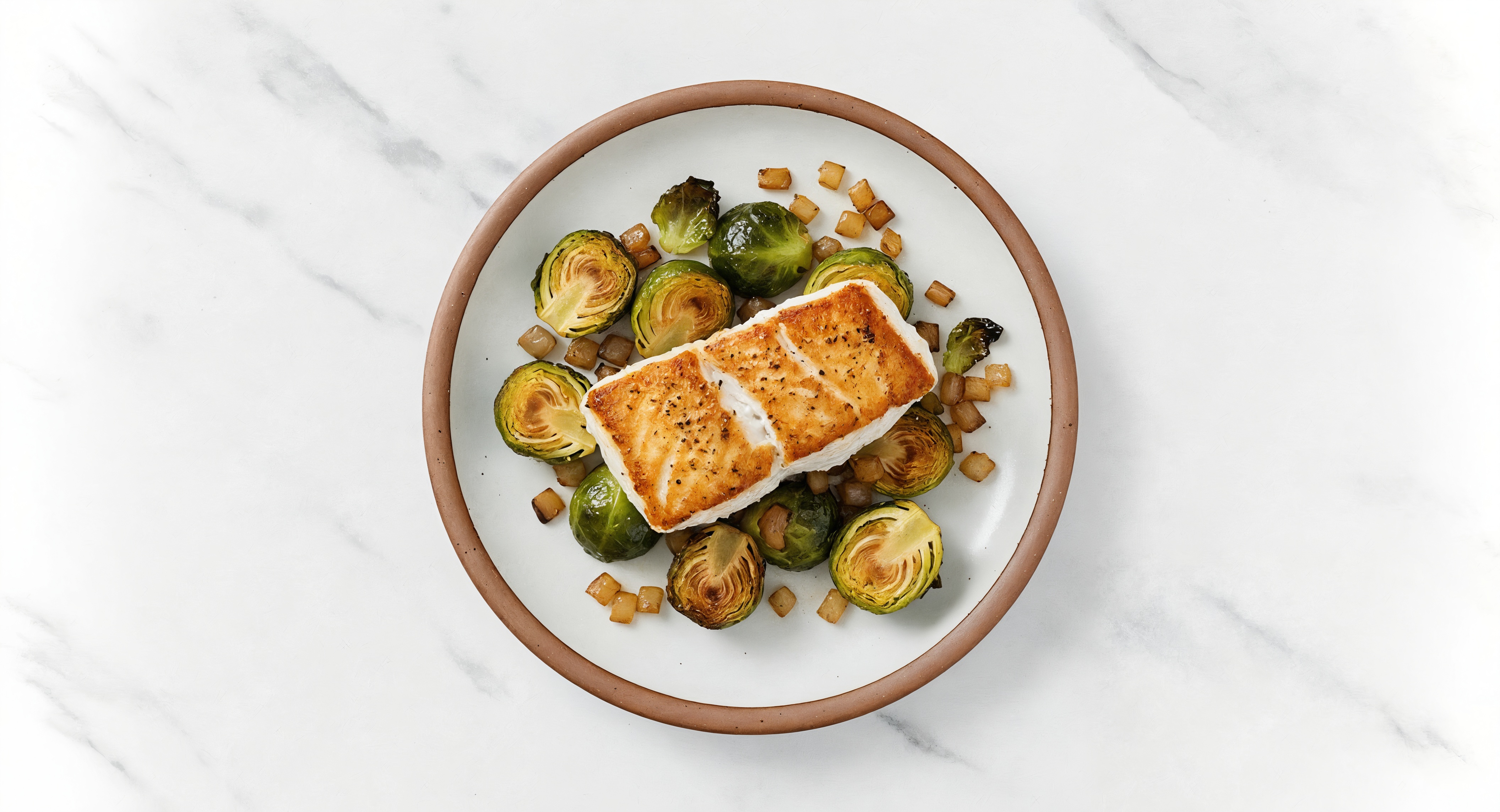 Seared Halibut + Roasted Brussels