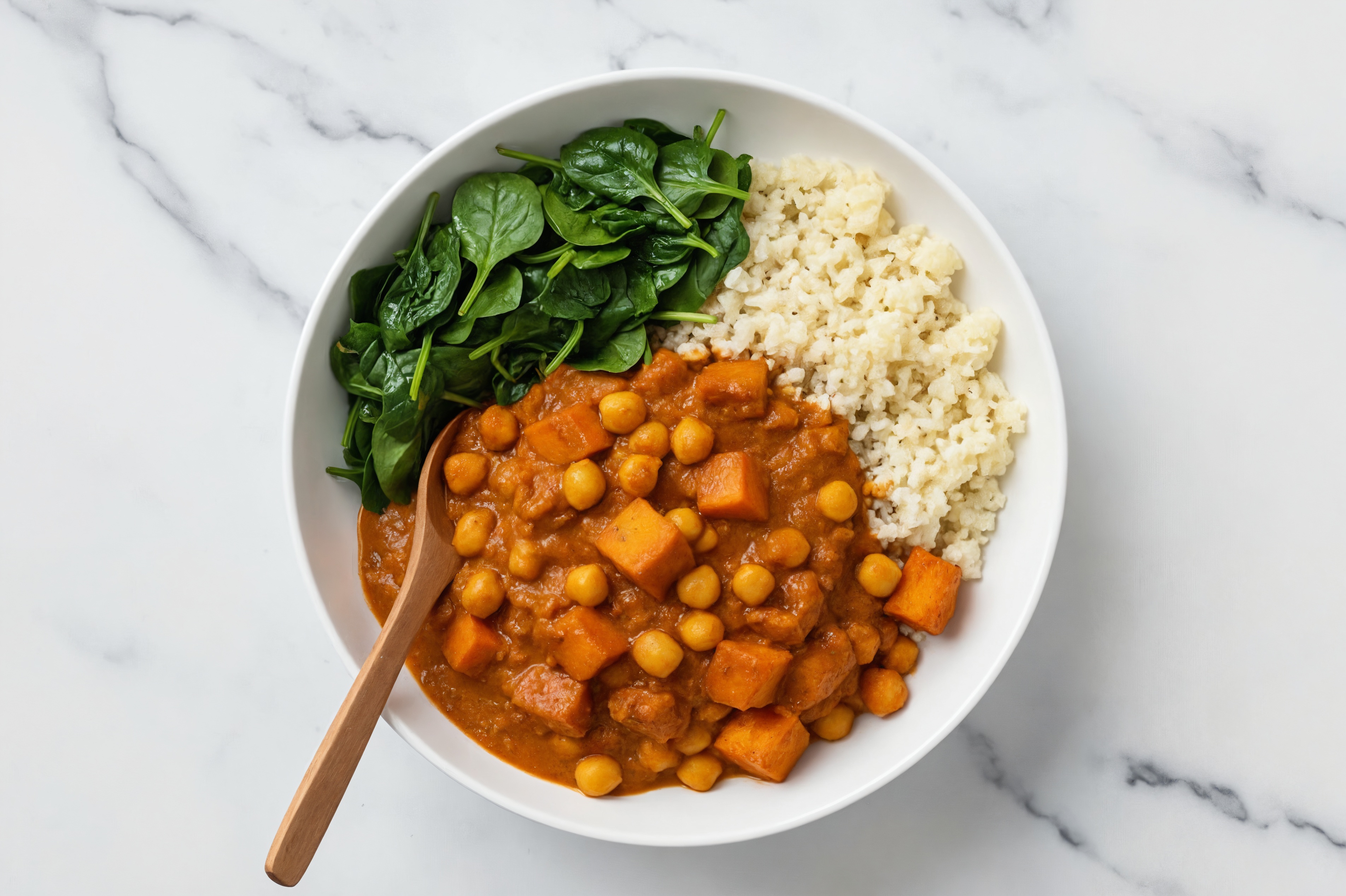 Japanese Sweet Potato Chickpea Tikka with Spinach + Cauliflower Rice