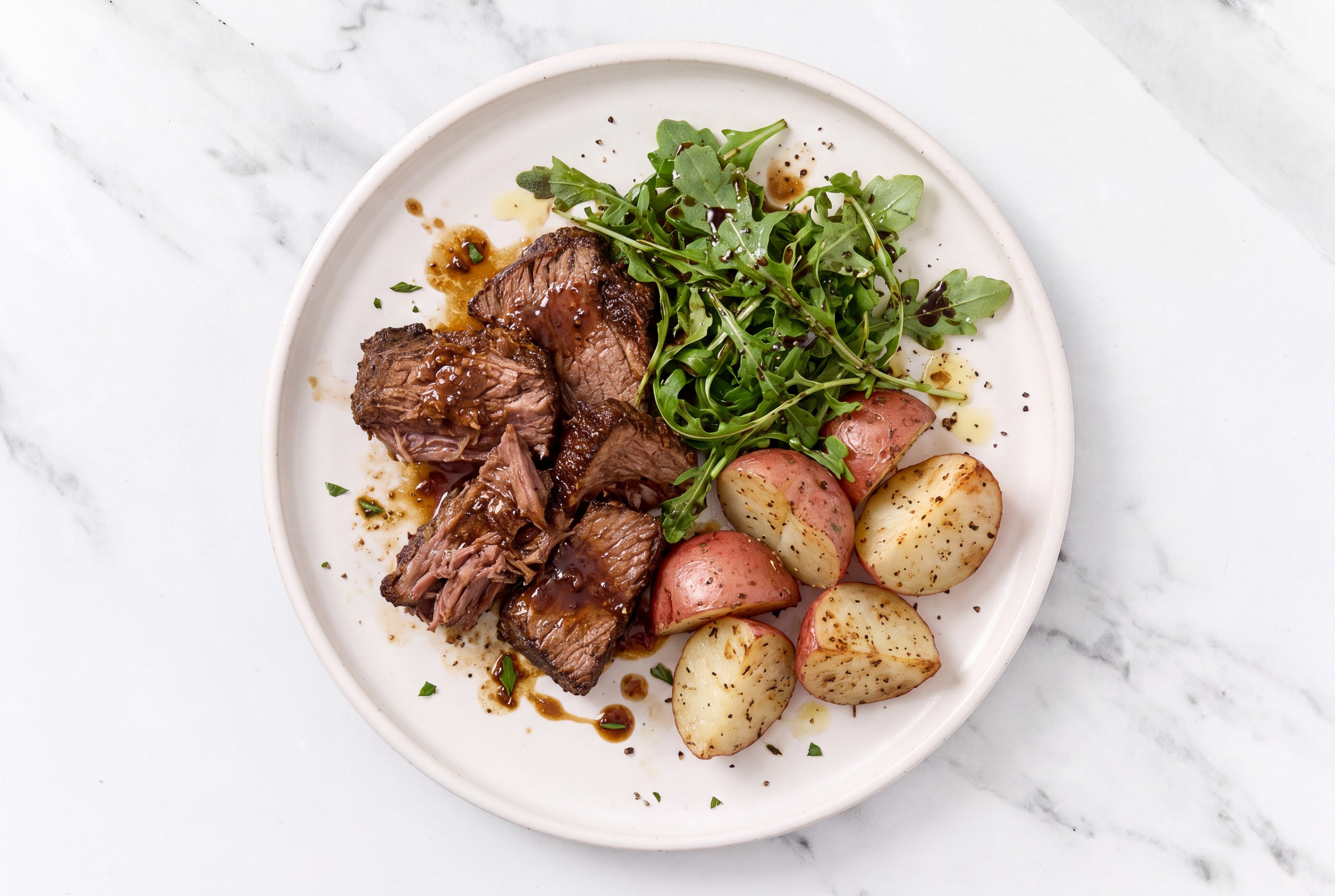 Beef Short Ribs + Red Potatoes, Arugula + Balsamic Vinegar