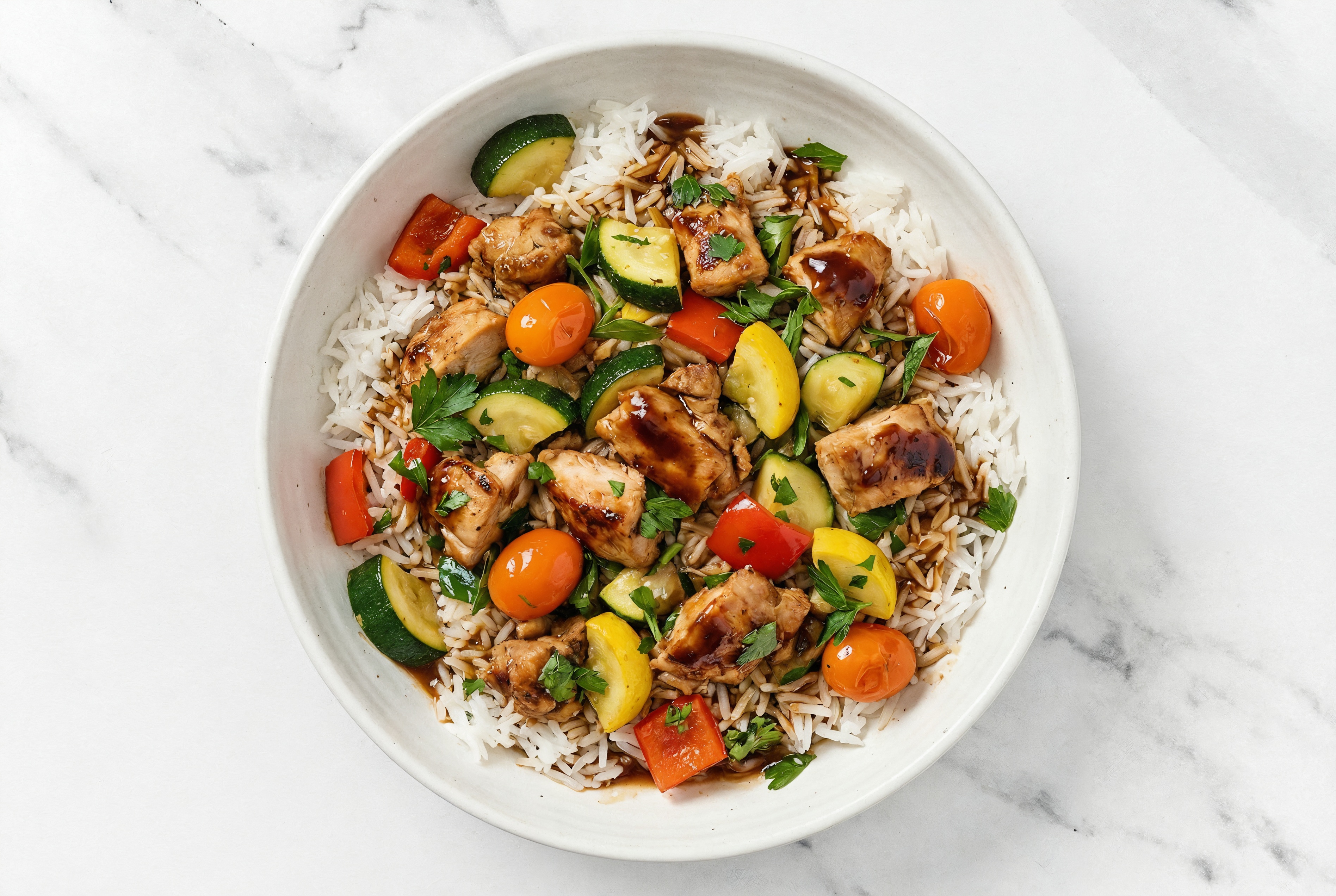 Korean Bulgogi Chicken + Summer Veg Long Grain White Rice Bowl