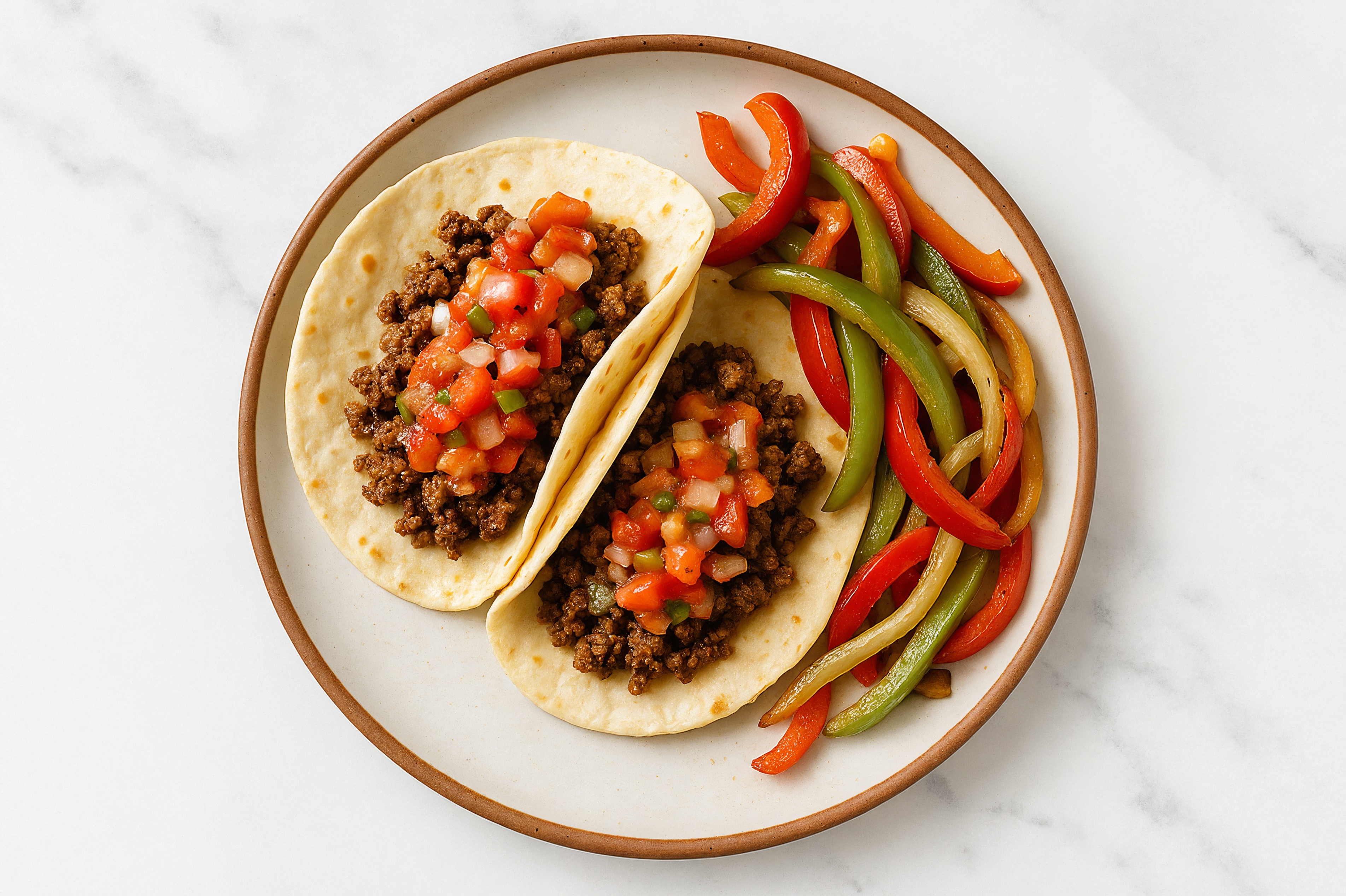 Ground Wagyu Beef Tacos with Fresh Salsa on Flour Tortillas