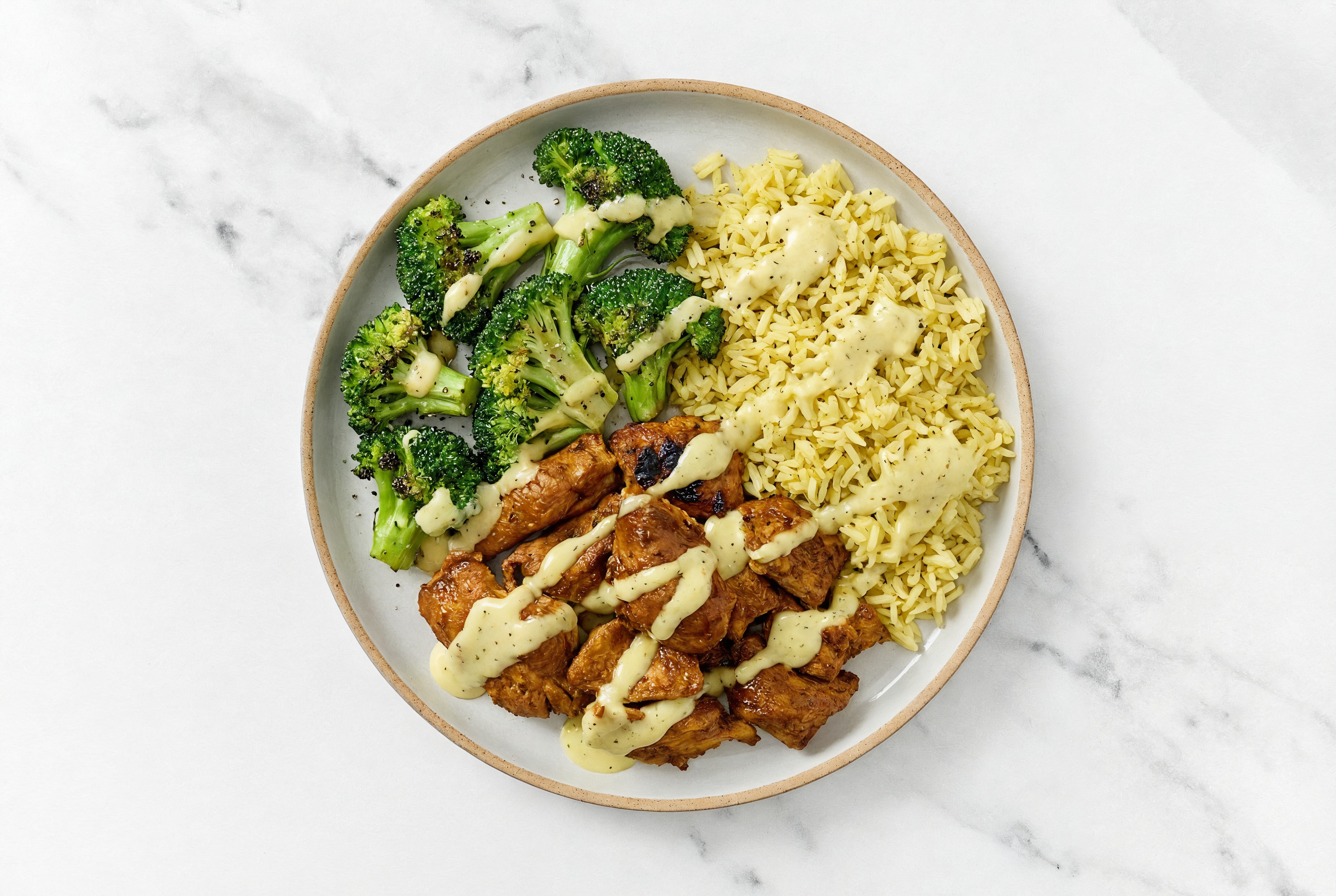 Creamy Honey Mustard Tandoori Chicken Rice Bowl with Broccoli Florets