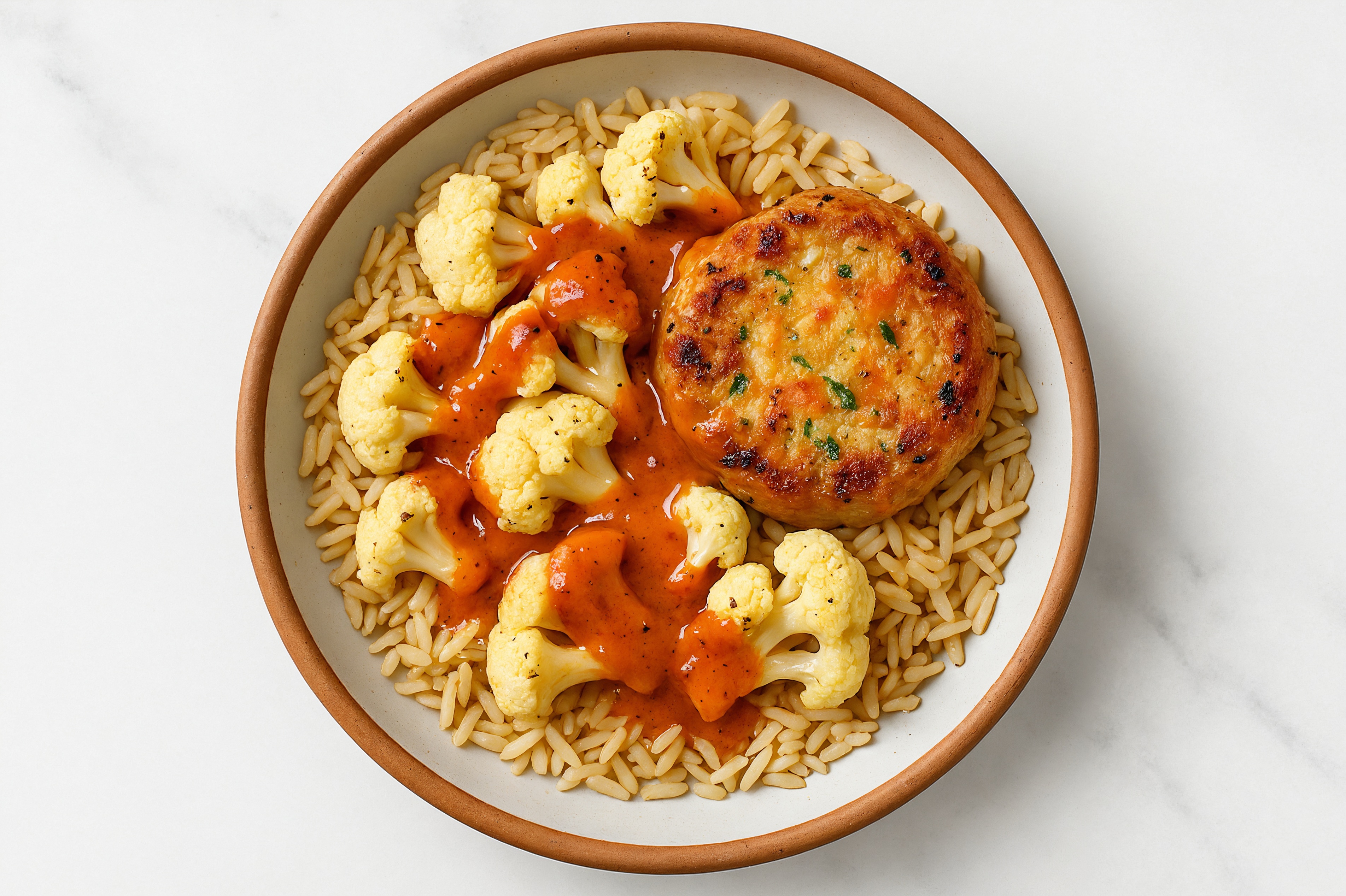 Snow Crab Cakes Cake Rice Bowl with Sweet Hickory & Cauliflower Florets