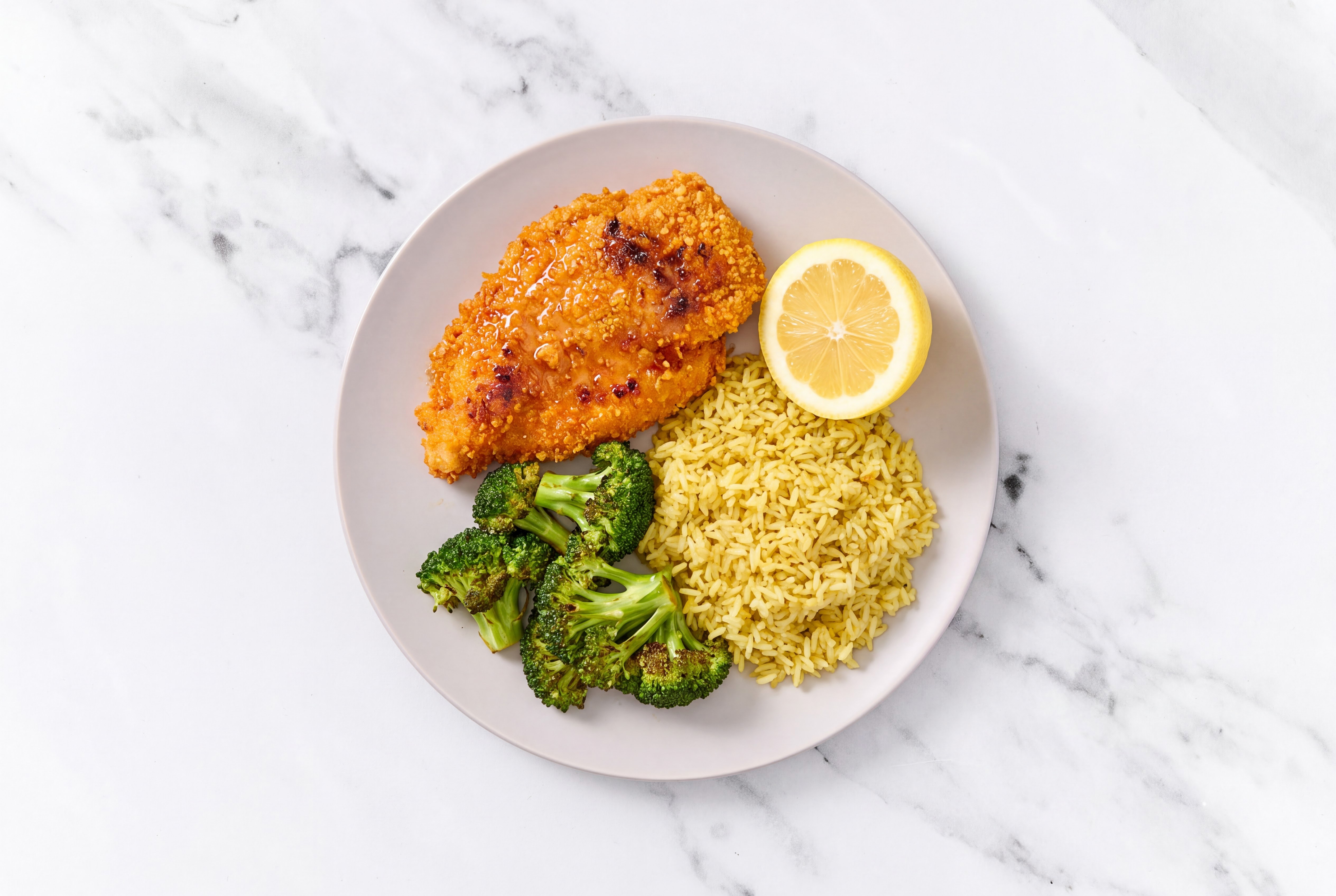 Lemon Hot Honey Breaded Chicken Cutlet with Broccoli & Jasmine Rice