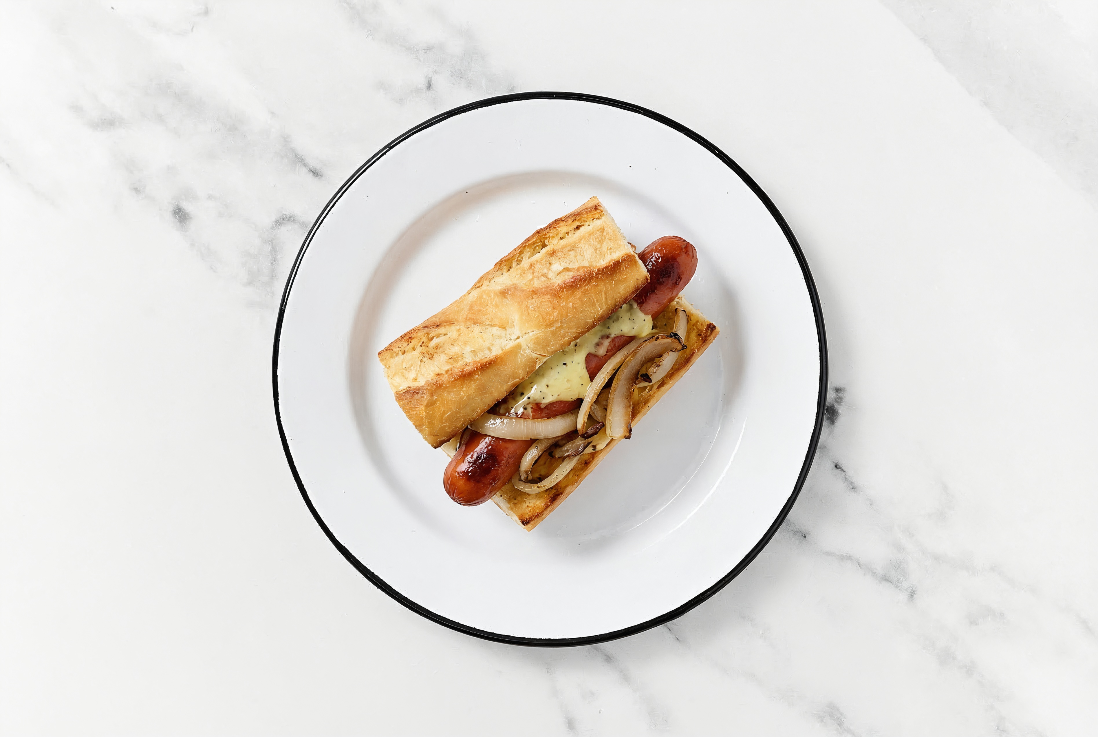 Carmelized Onion Beef Hot Dog with Honey Musard Garlic Sauce on Baguette