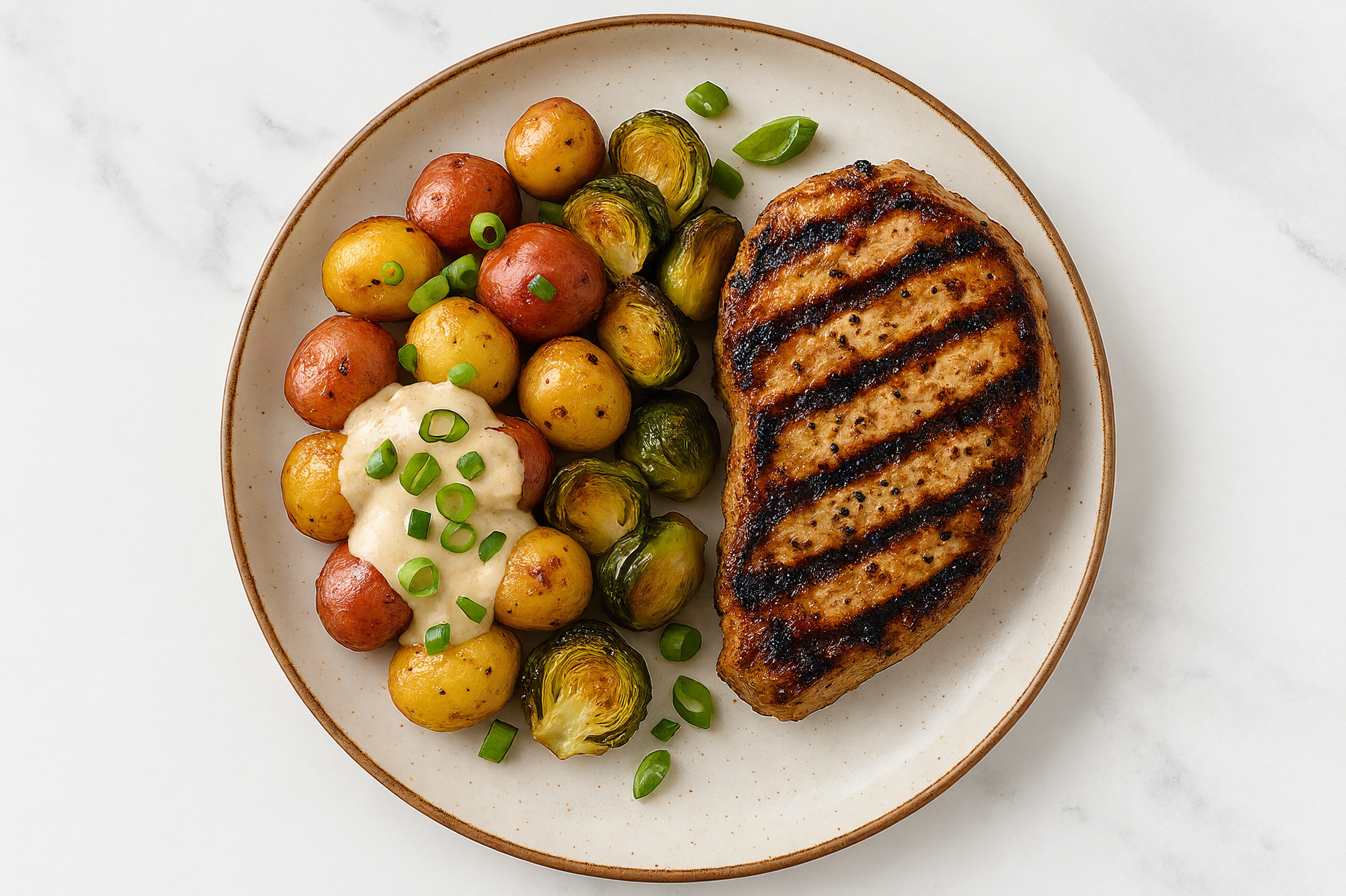Zesty Grilled Pork Chop with Brussels + Creamy Potatoes