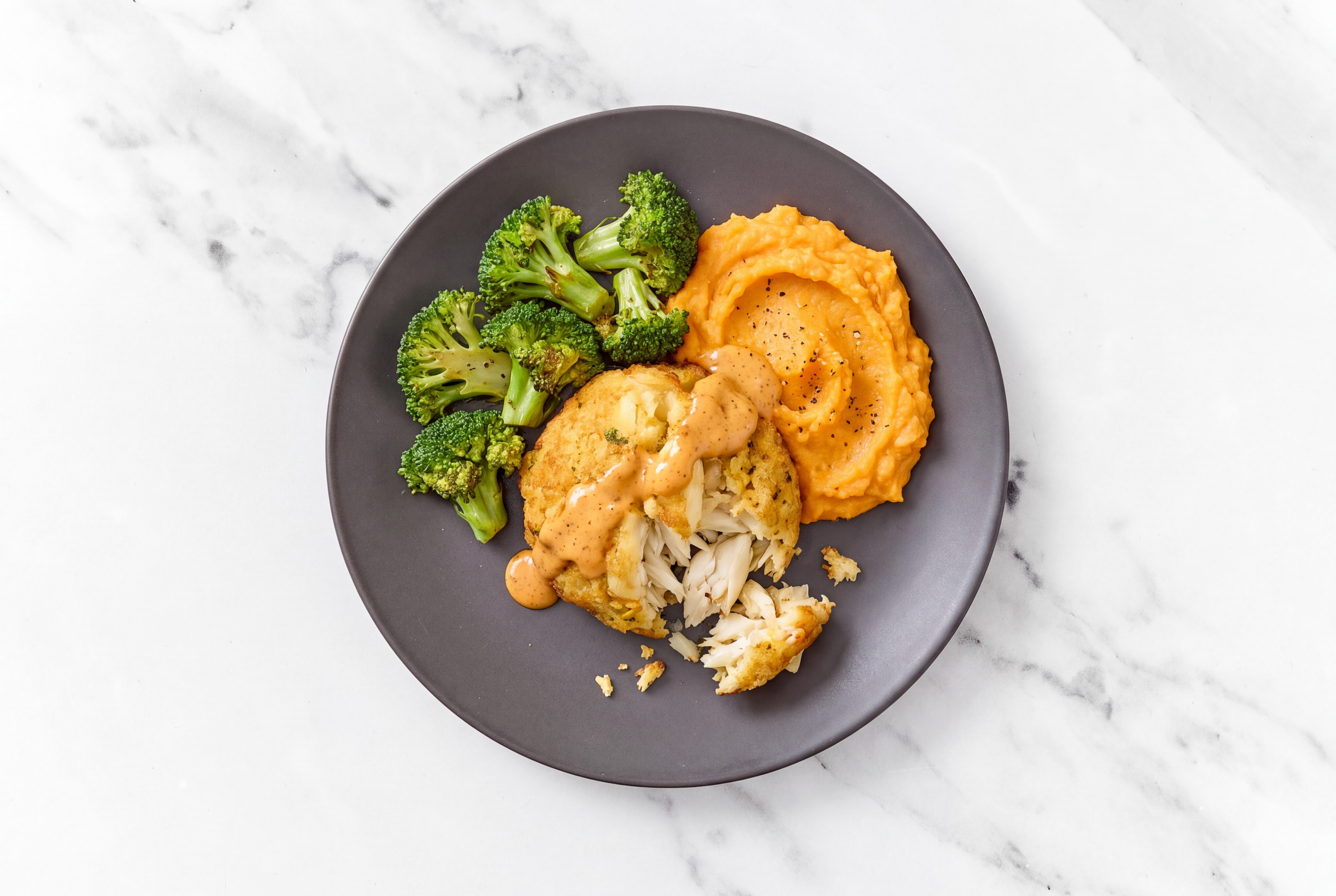 BBQ Jumbo Lump Crab Cakes with Sweet Potato Mash