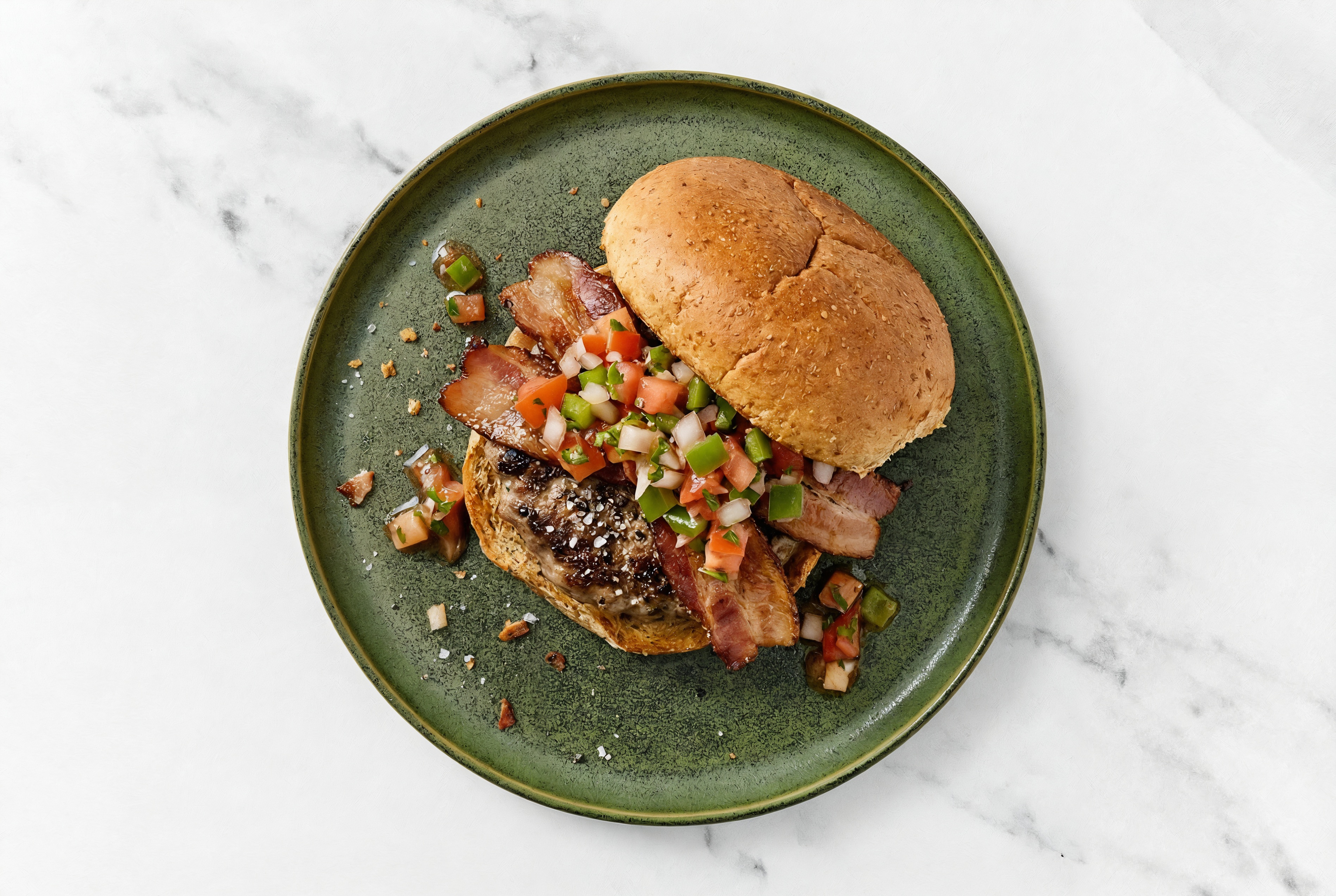 Lamb Burger on Sprouted Grain with Salsa & Applewood Smoked Pork Bacon