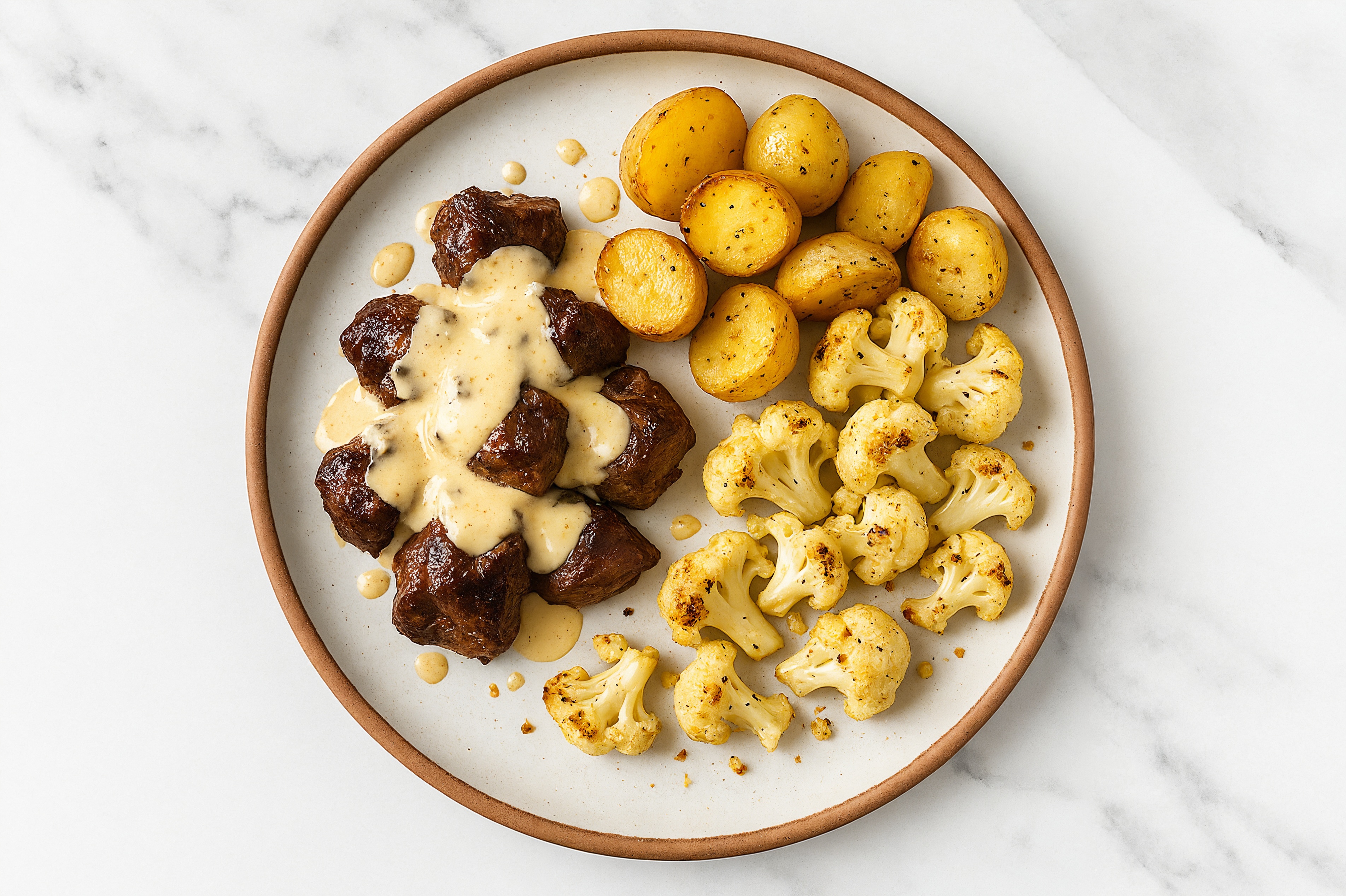 Miso Seared Lamb with Organic Potatoes & Cauliflower Florets