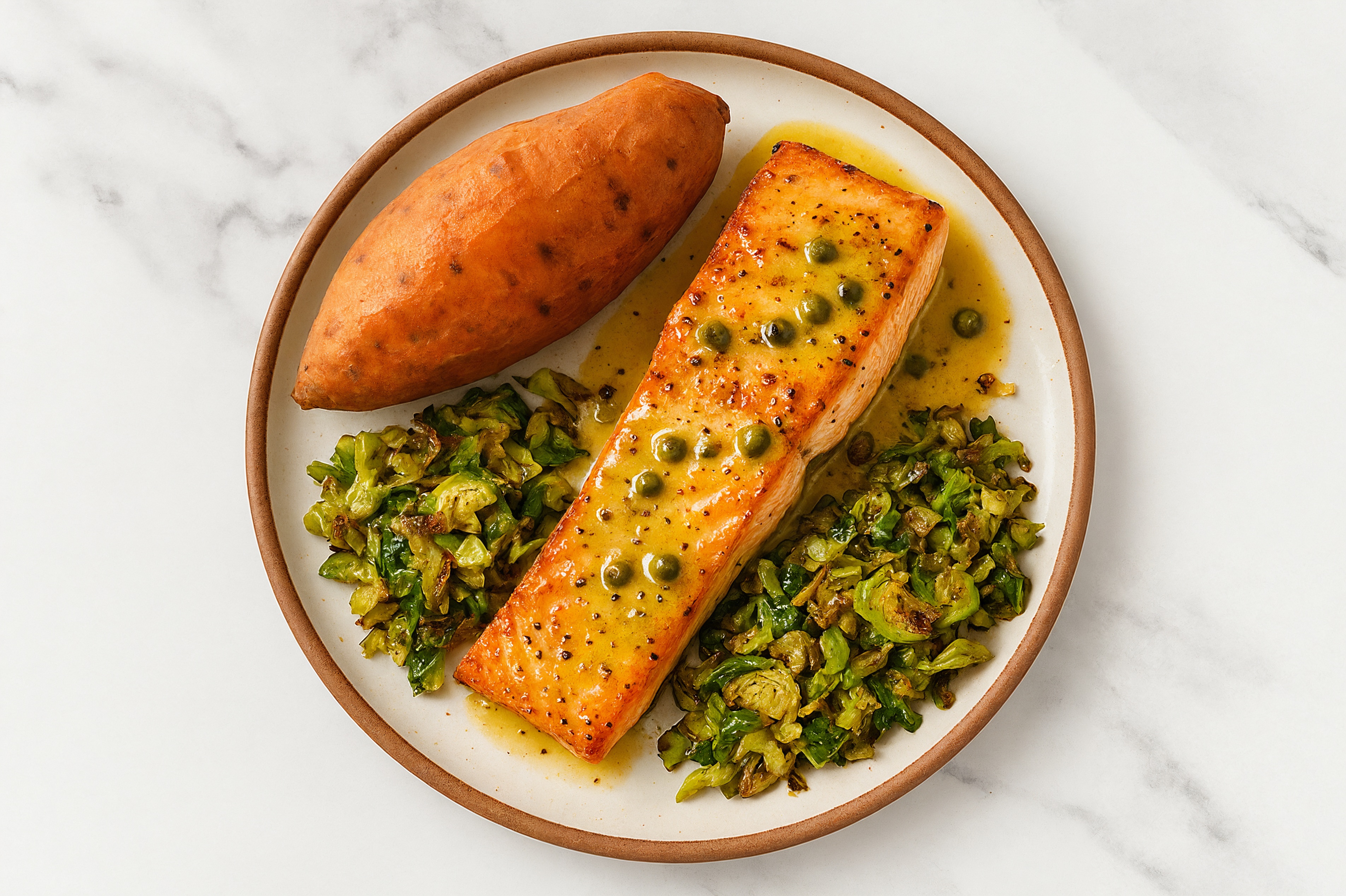 Caper-Slow Churned Lemon & Peppercorn Pasture Butter Salmon with Sweet Potato & Brussels
