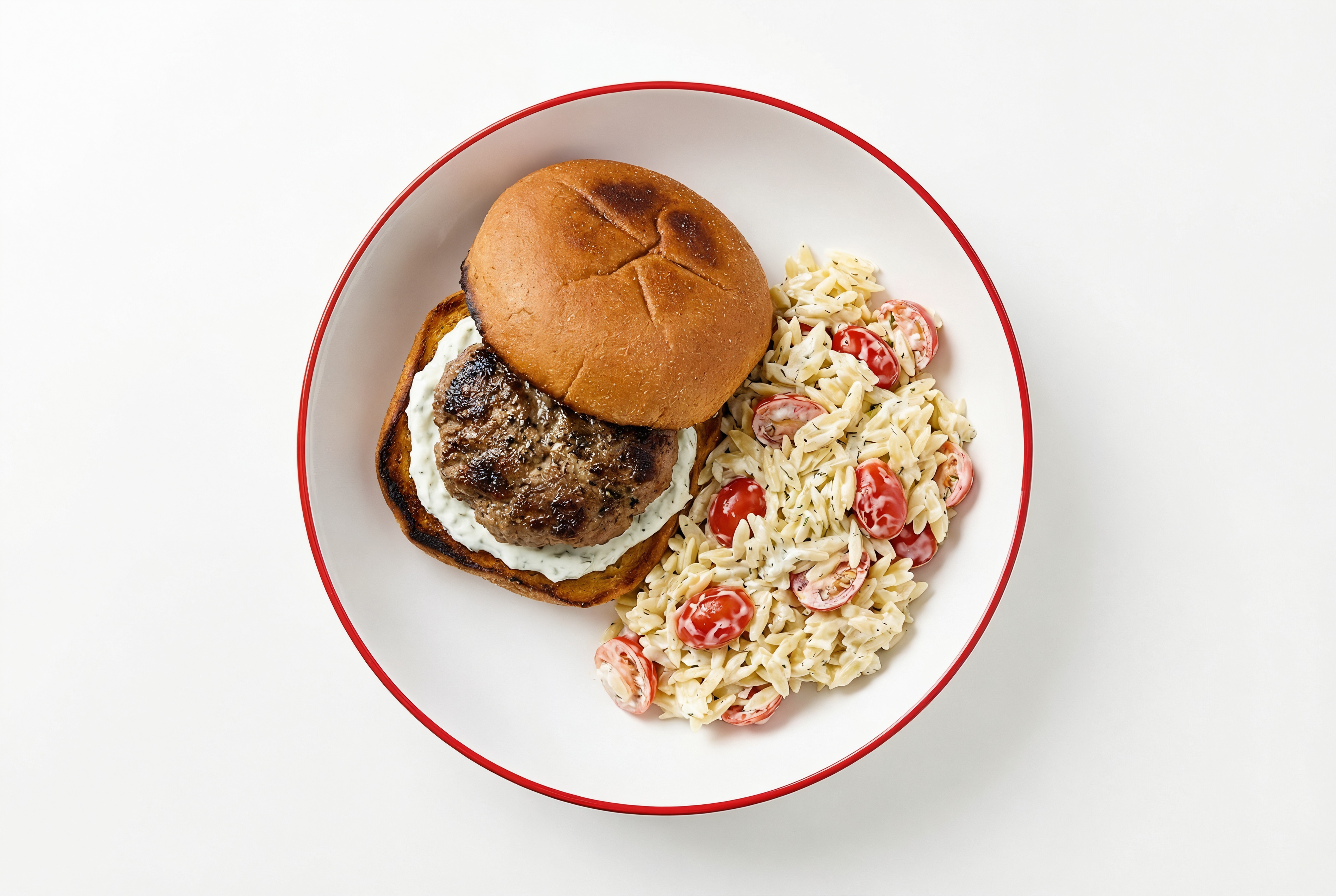 Grilled Tzatziki Lamb Burger + Orzo Salad