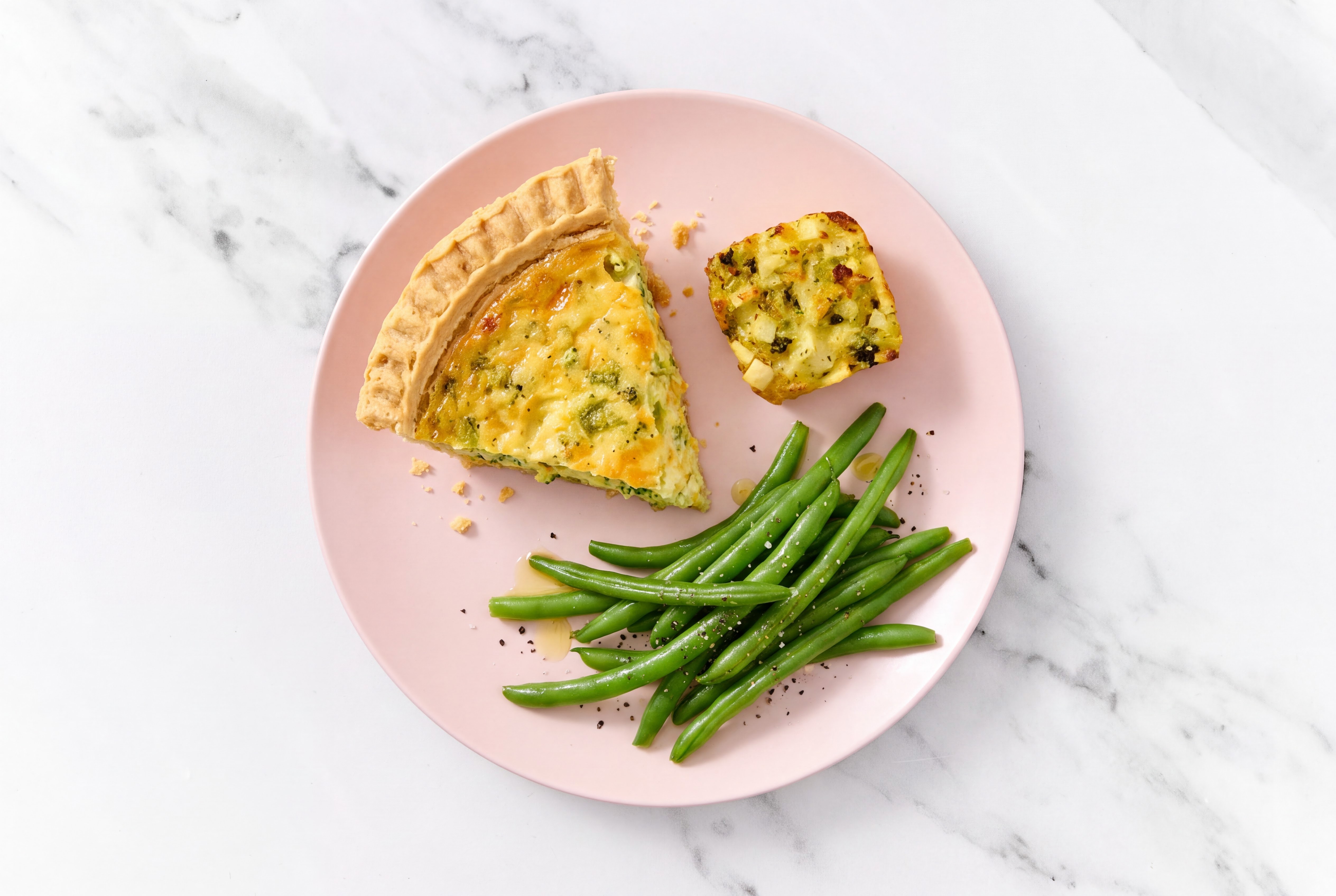 Broccoli & Cheddar Quiche with Green Beans & Potato Bake