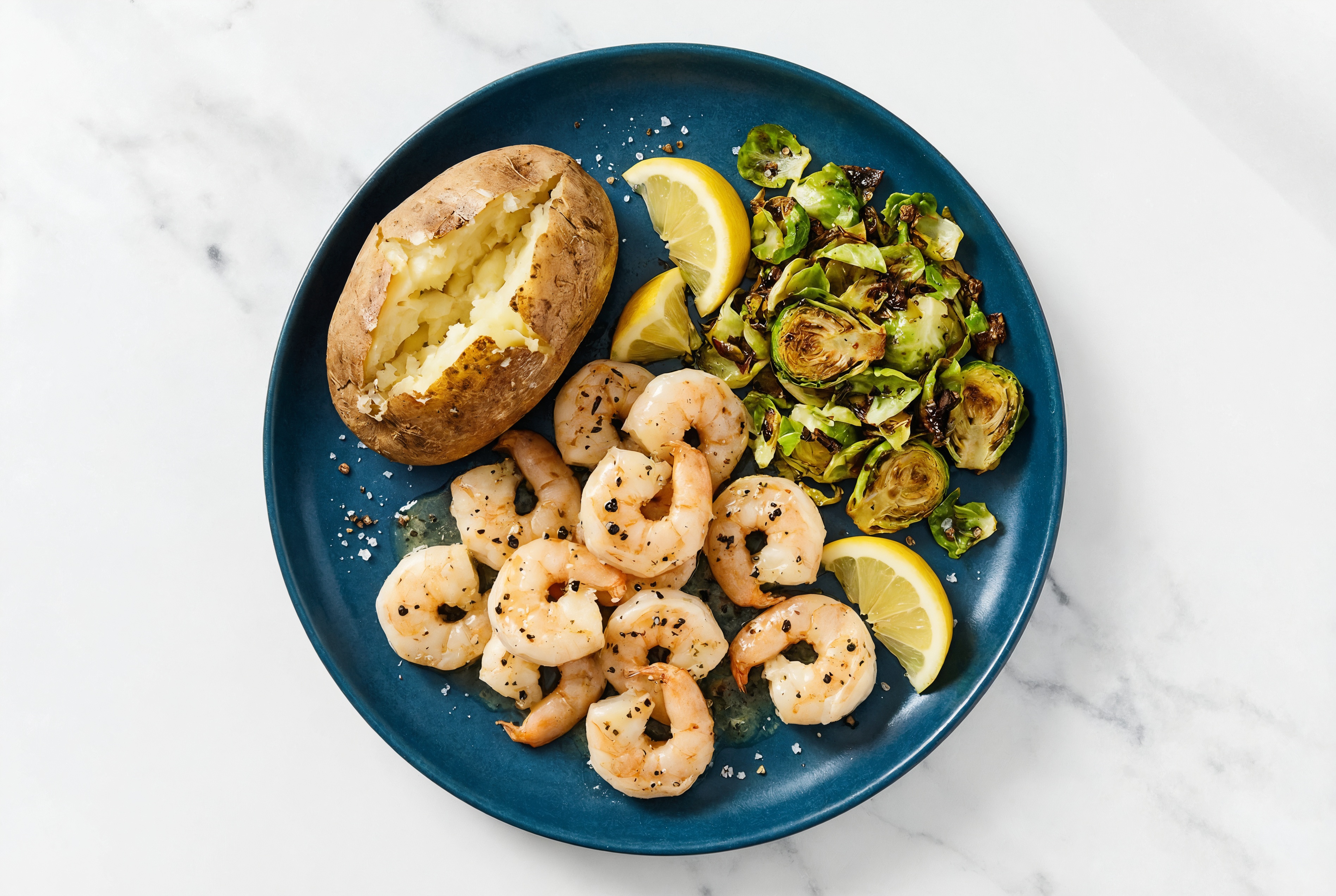 Lemon-Slow Churned & Peppercorn Pasture Butter Shrimp with Russet Potato & Brussels