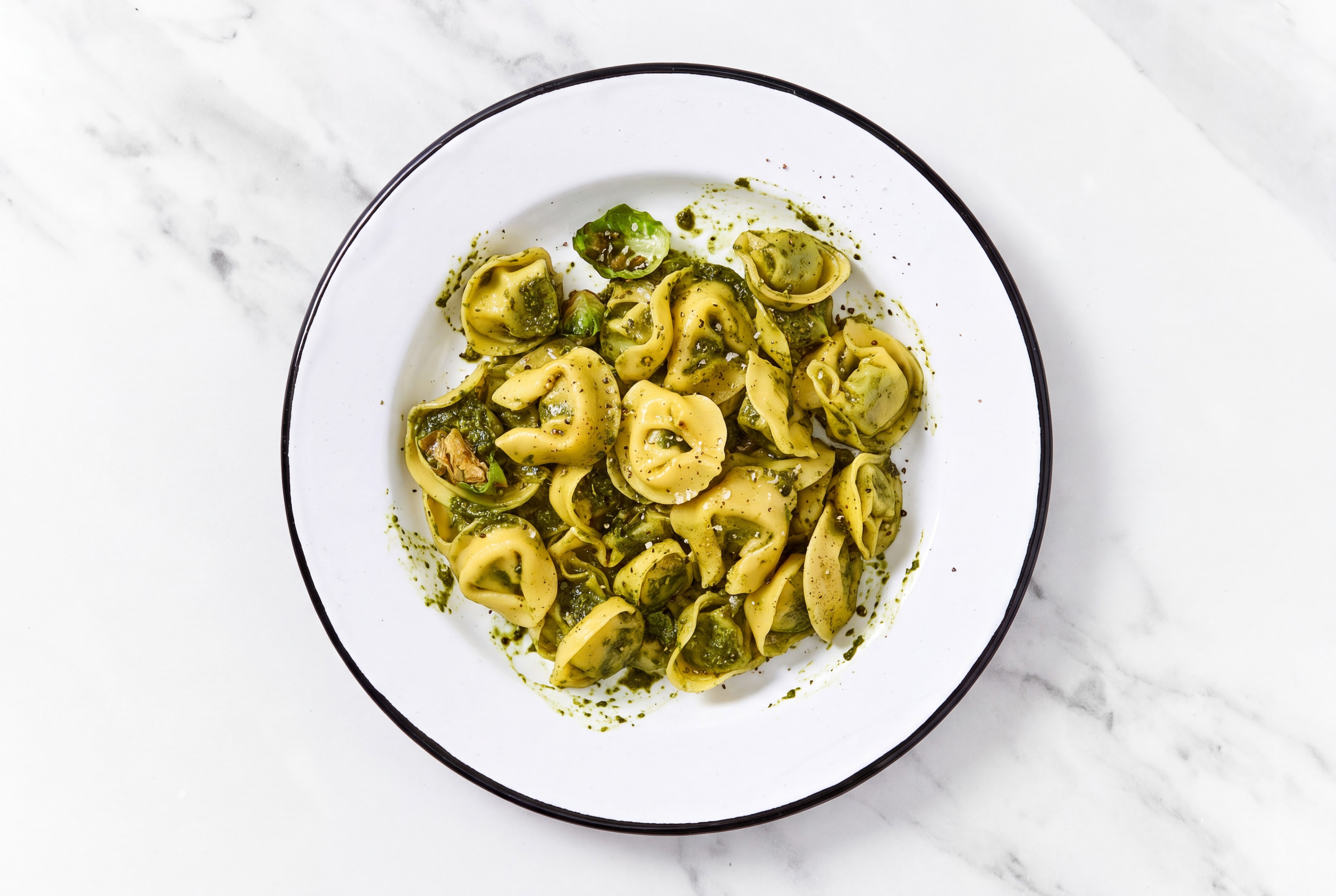 Pesto Tortellini with Crispy Brussels