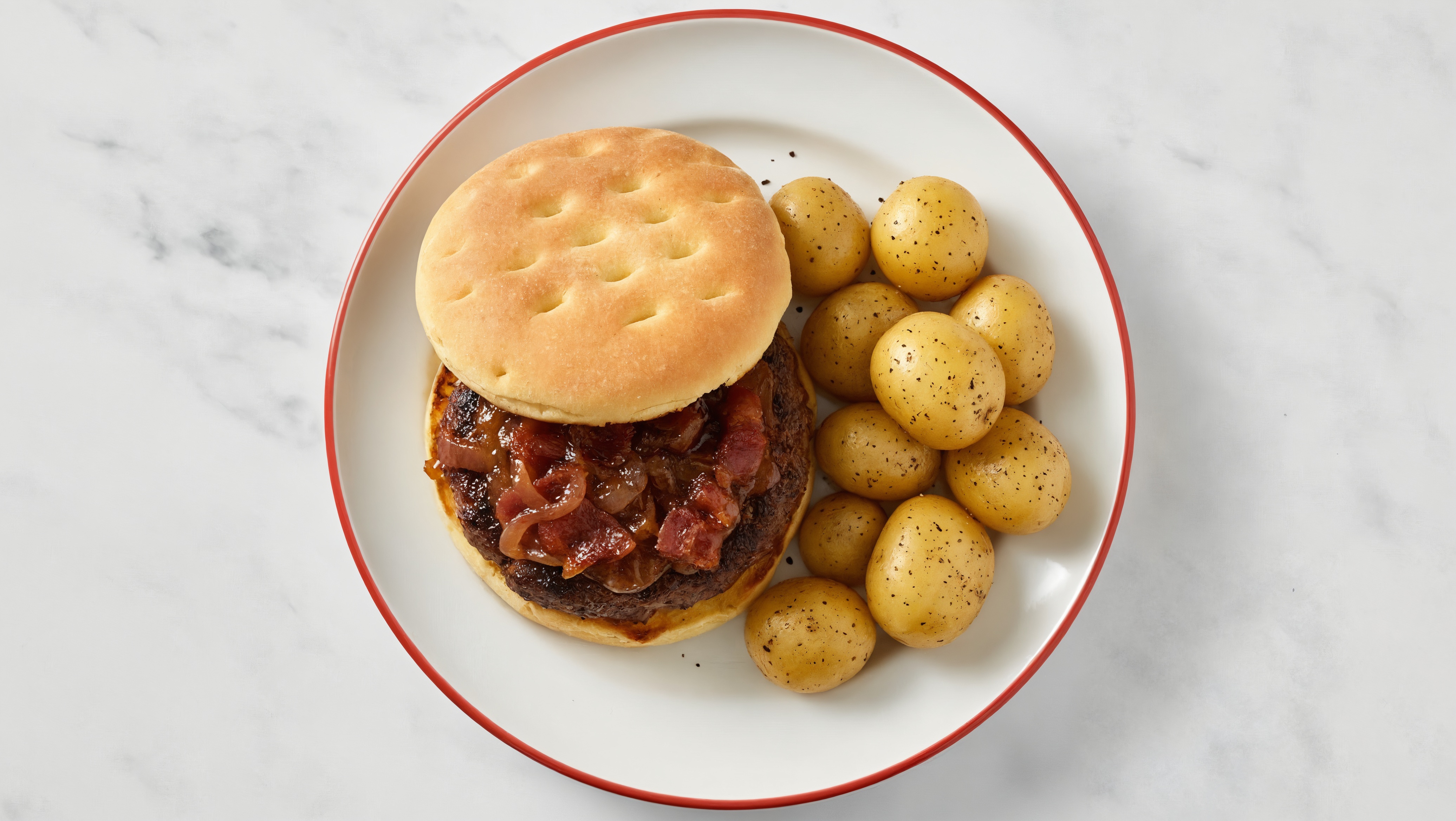 Hamburger with Applewood Smoked Pork Bacon Onion Jam + Yellow Potatoes