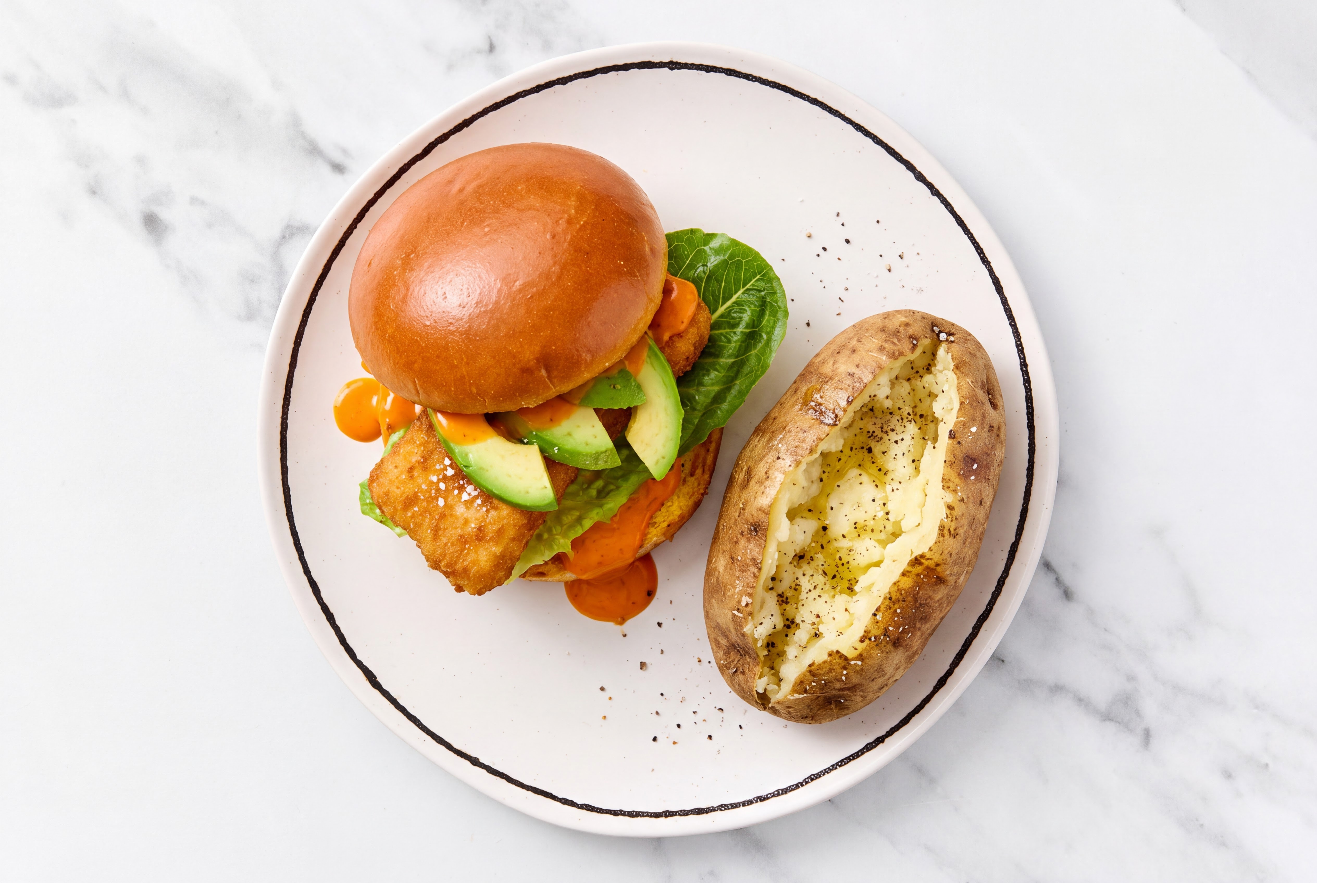 Dill Pickle Buffalo Fish Sandwich with Baked Potato