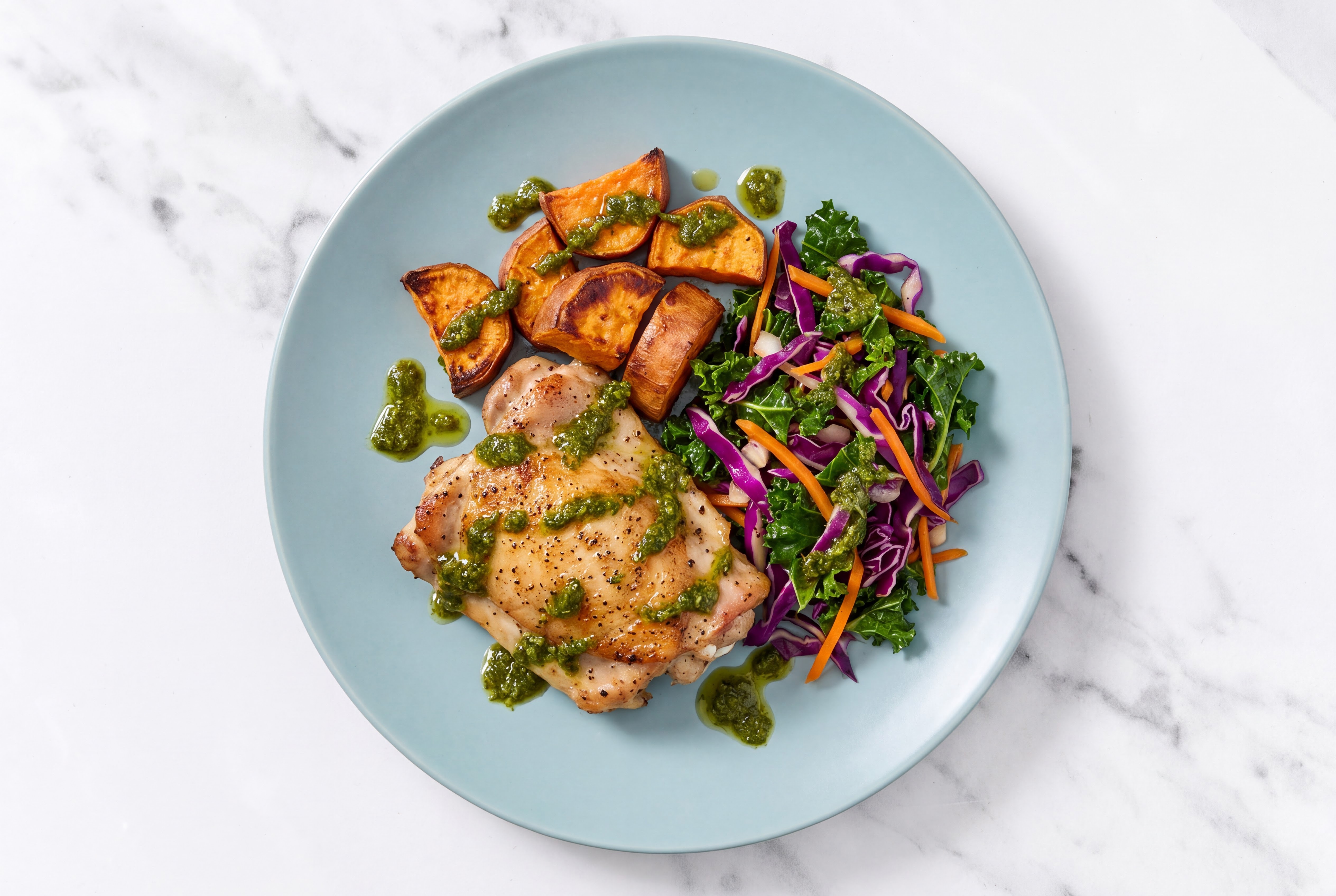 Zhoug Chicken Thighs + Crispy Sweet Potatoes
