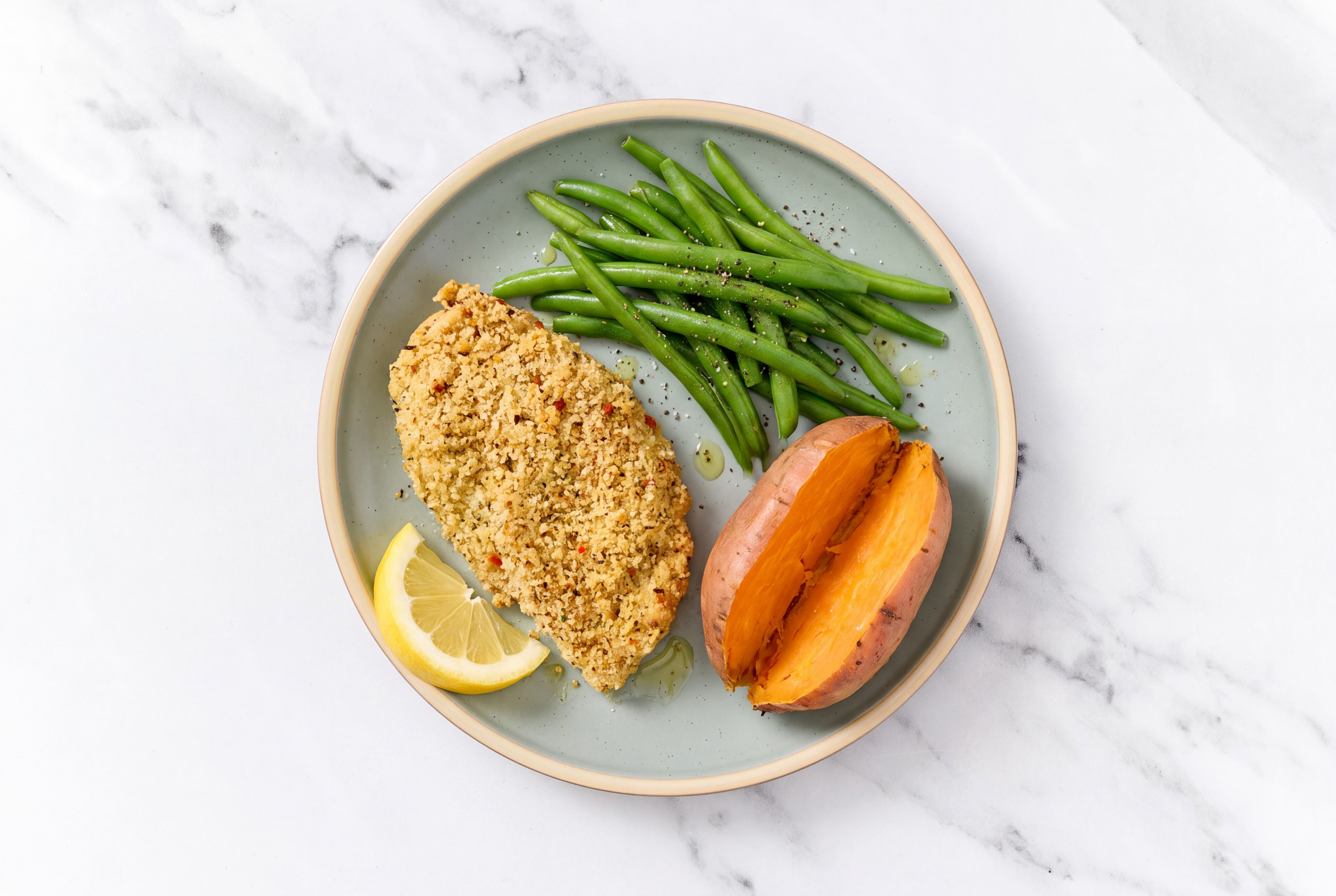 Lemon Parmesan Breaded Chicken Cutlet with Green Beans & Sweet Potato