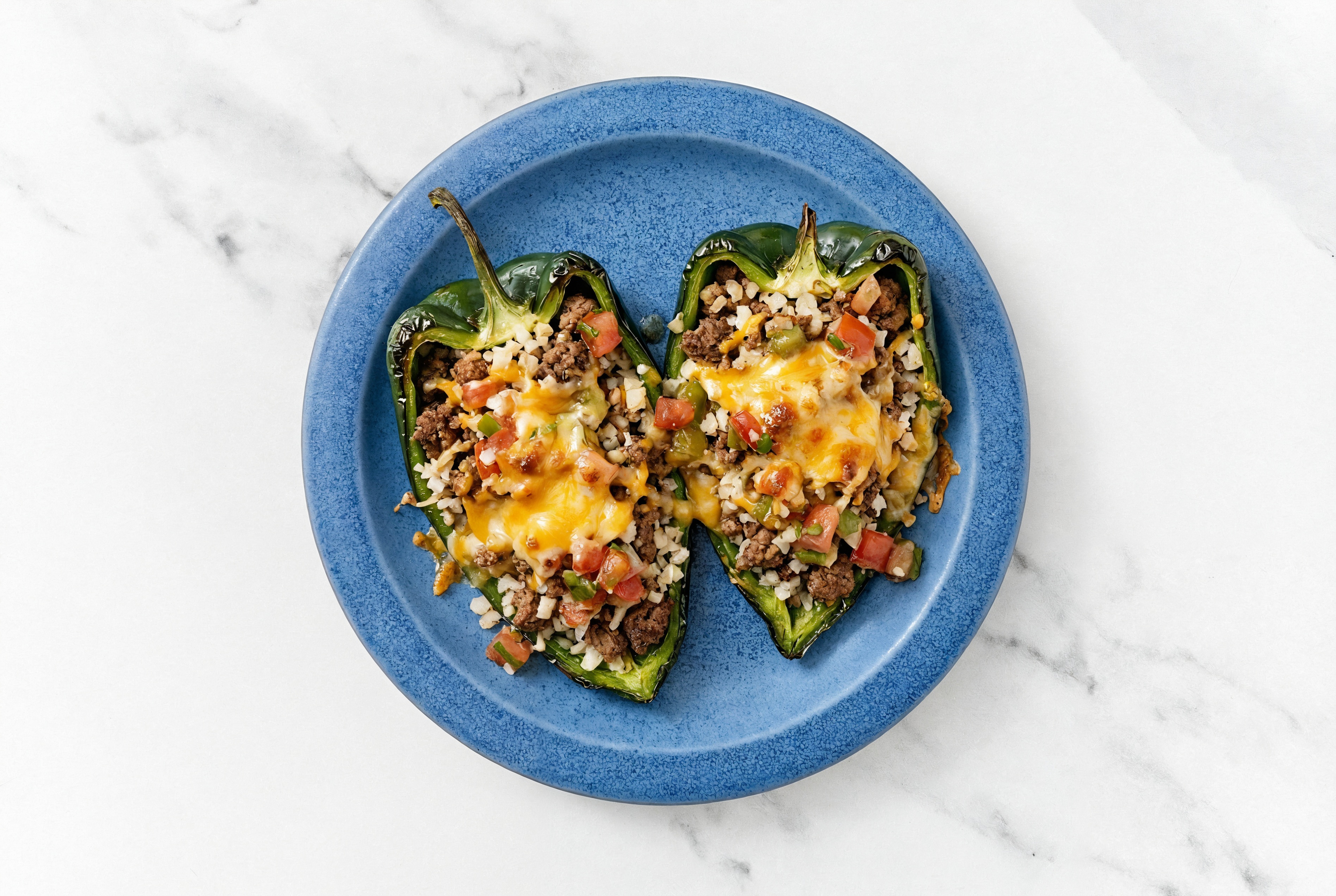  Cheesy Ground Beef Patties + Cauliflower Stuffed Poblano Peppers