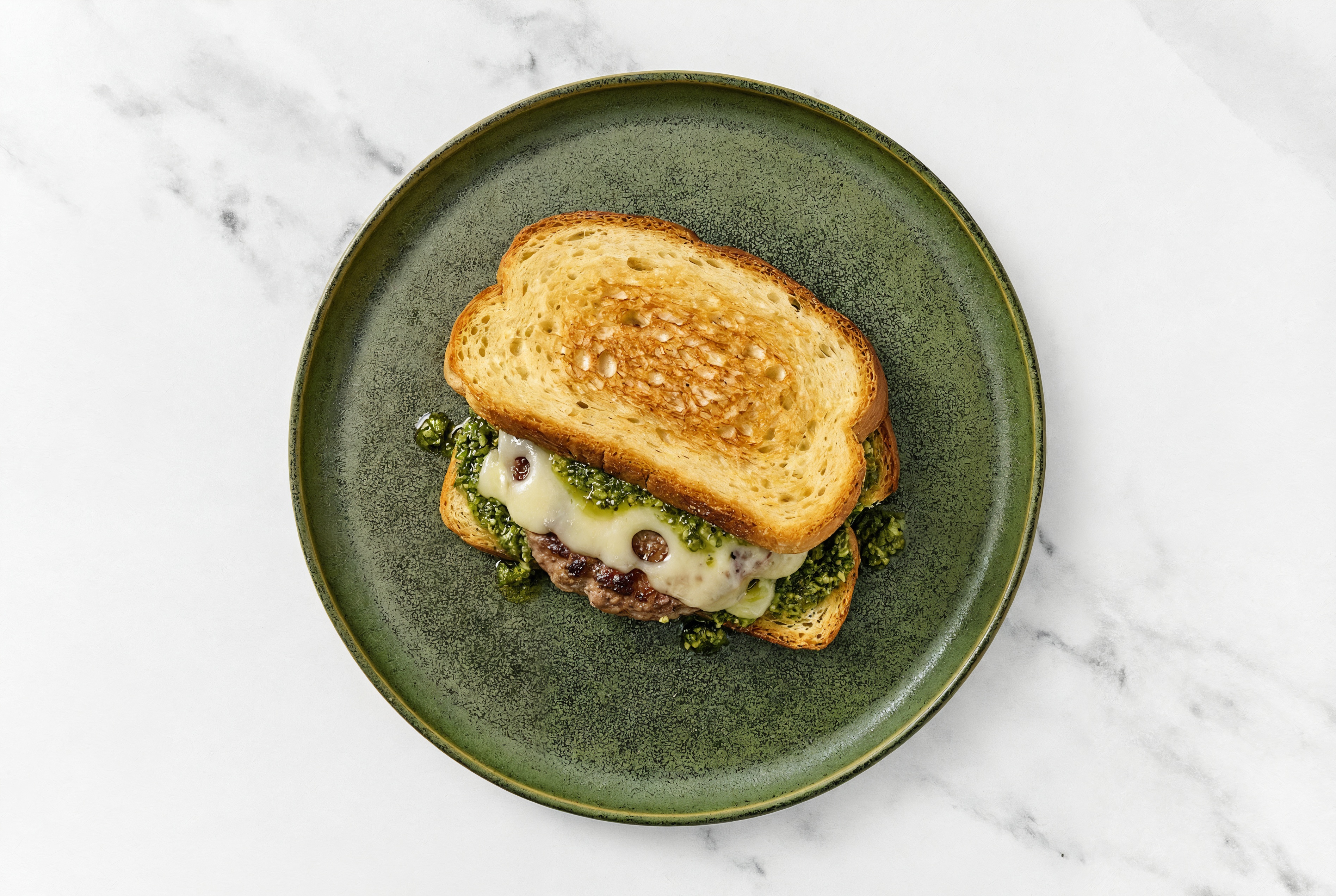 Swiss Tavern Beef Burger on GF Bread with Basil Pesto