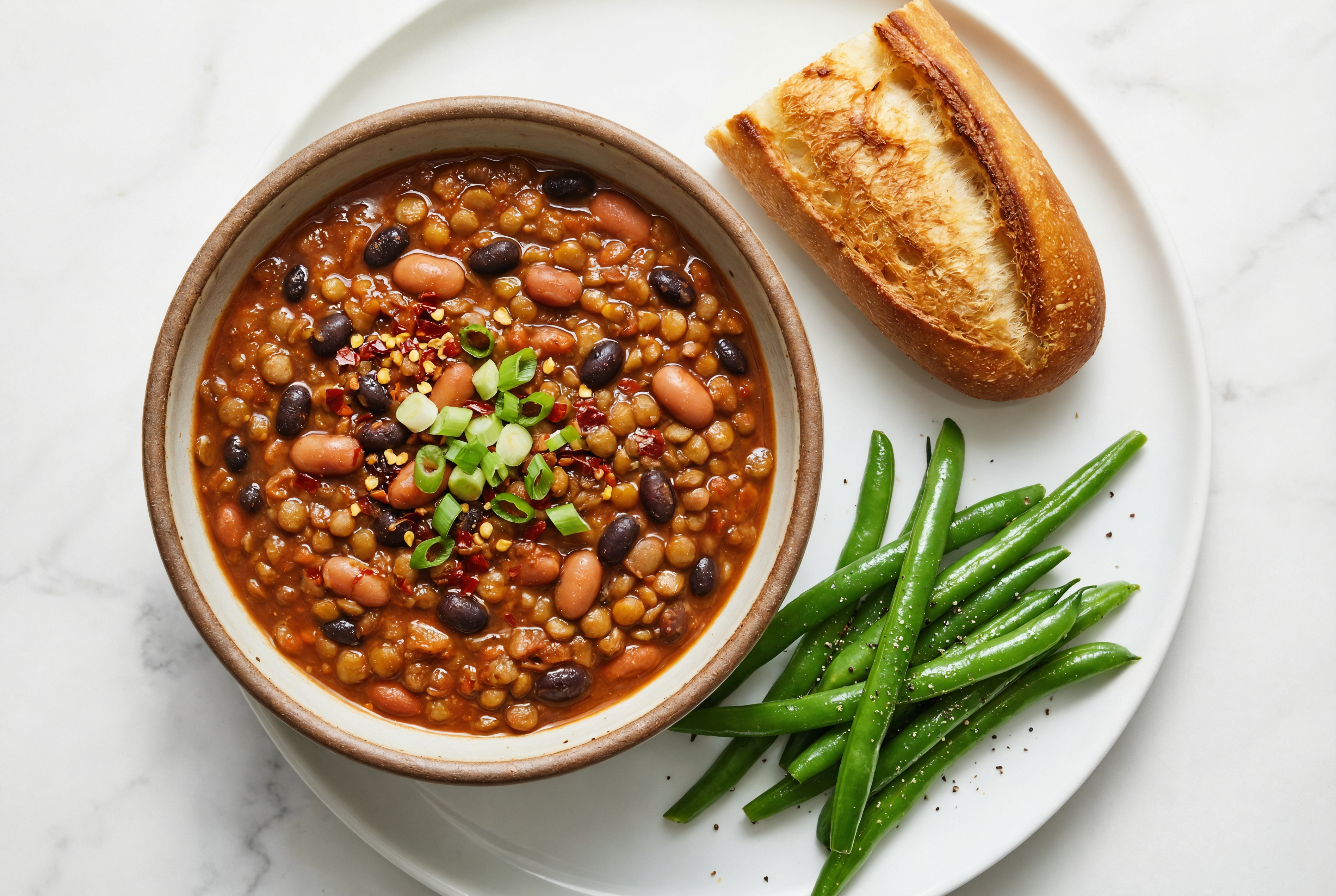 Homestyle Lentil Chili with Green Beans + Baguette